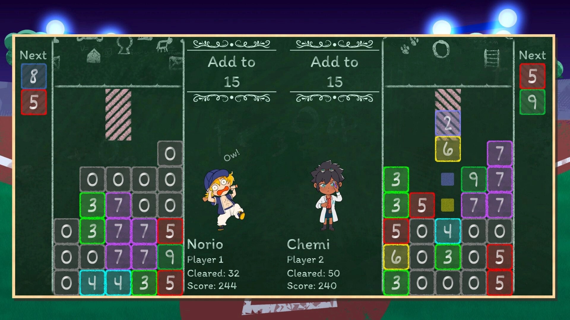 Times Trials: Norio vs. Chemi in puzzle match, arranging number blocks to reach sums in arcade setting