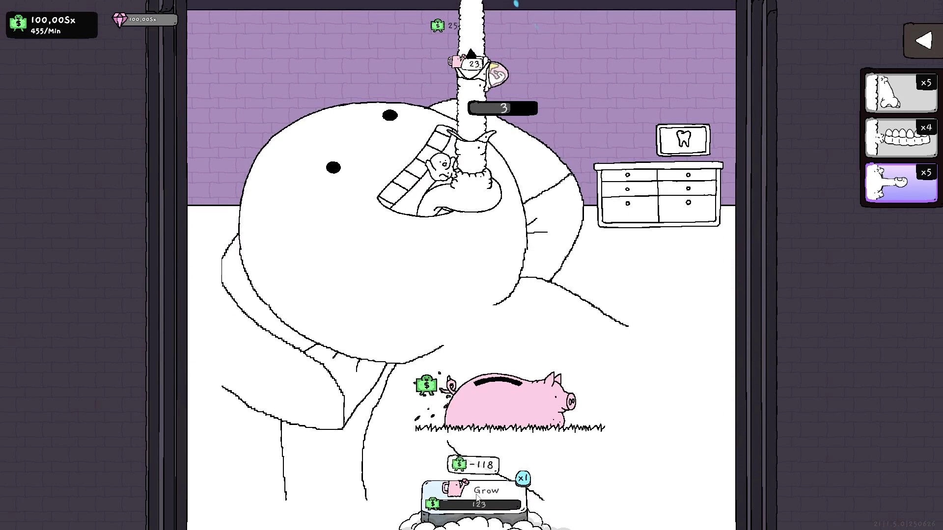 Tingus Goose: Giant creature eating as a piggy bank grows on grass, UI shows cash and item options.