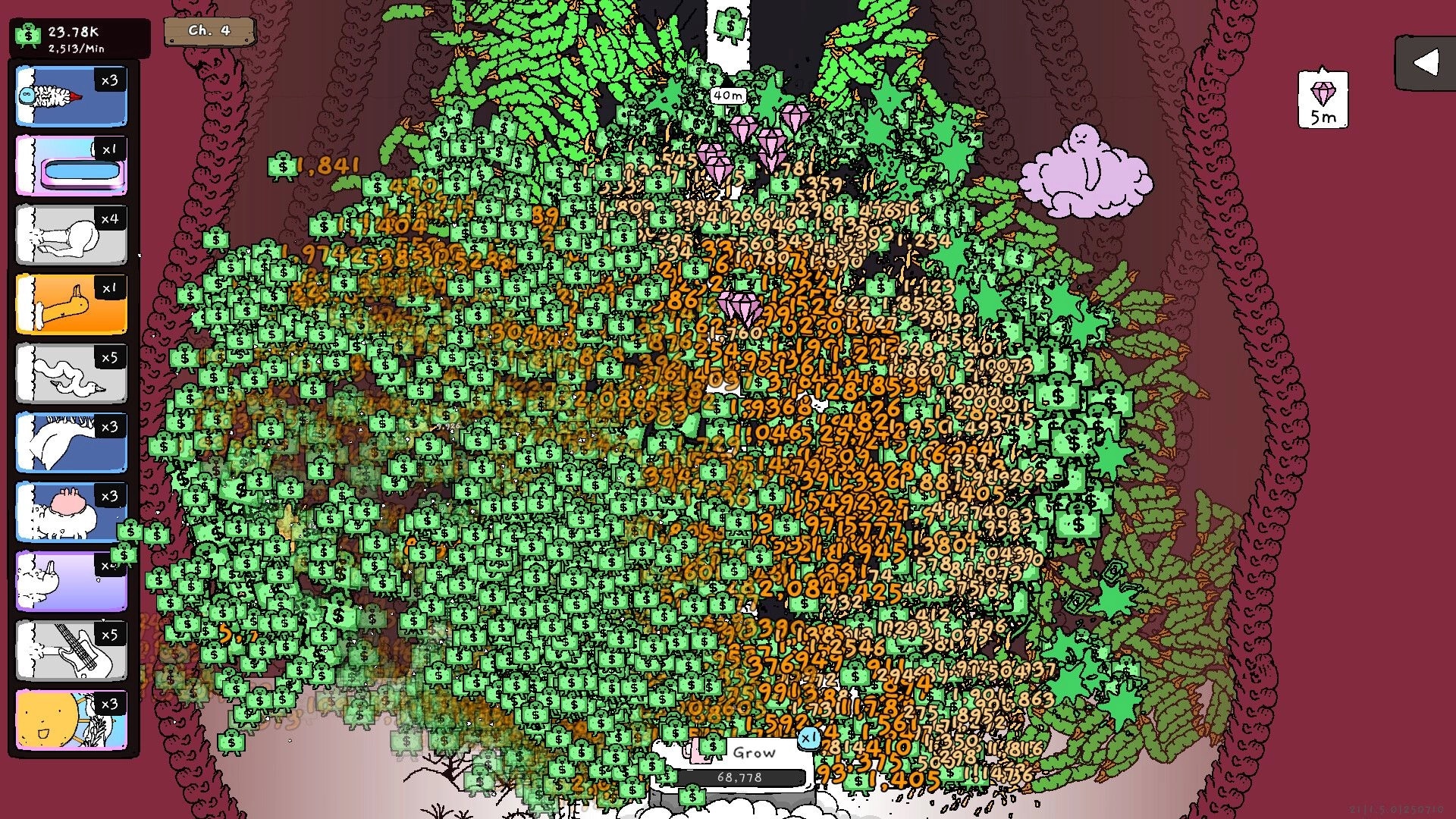 Tingus Goose: Overgrown plant area with cash icons, side menu with items, and grow button at the bottom.