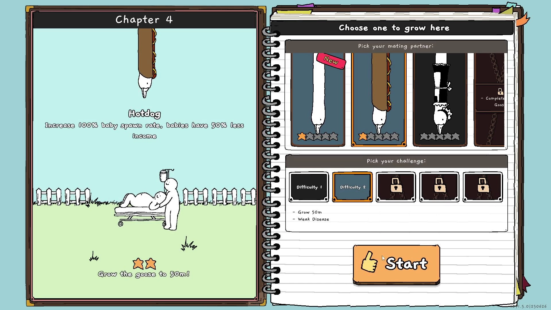 Tingus Goose: Chapter 4 selection with Hotdog option, difficulty settings, and start button visible.