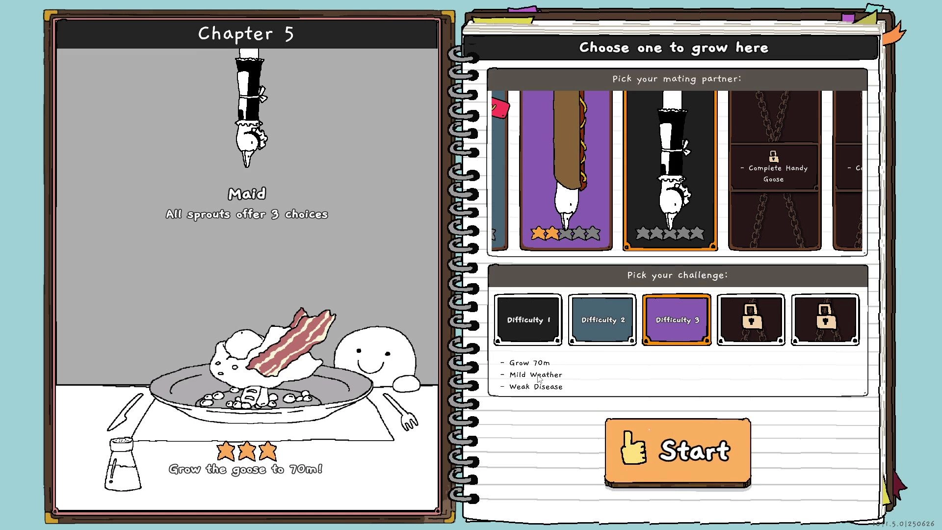 Tingus Goose: Chapter 5 selection screen with maid character and difficulty options for growing tasks