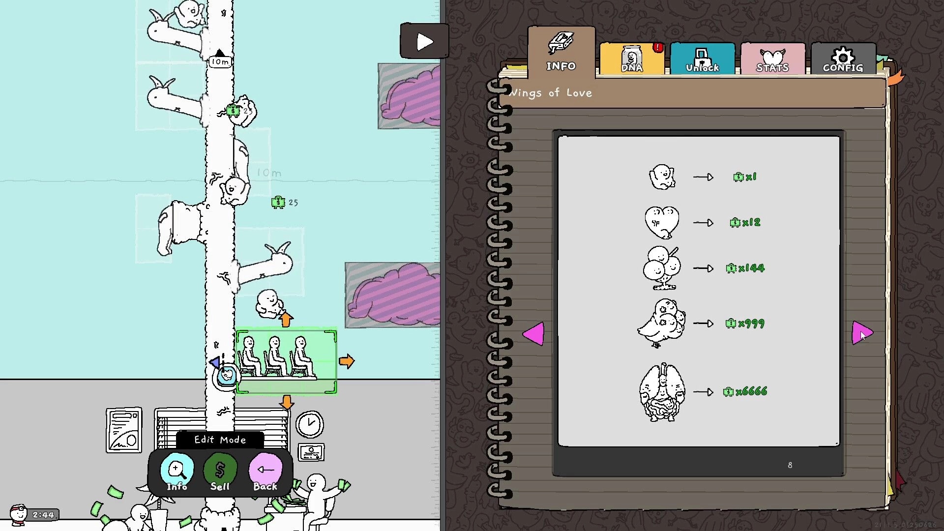 Tingus Goose: Surreal tree growth with creatures climbing and currency exchange menu on right panel