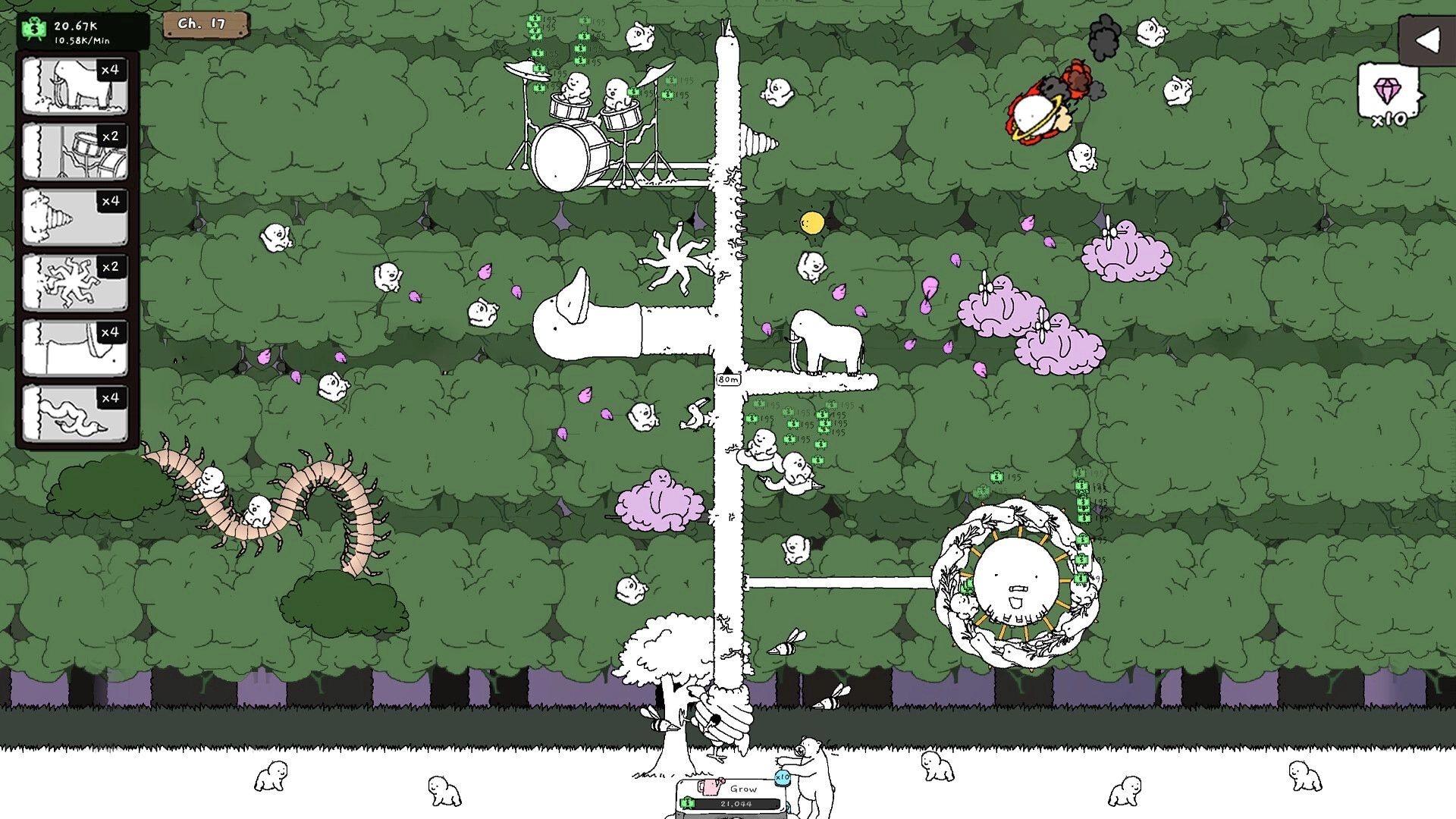Tingus Goose: Characters on drums and rocket in forest with UI showing inventory and chapter progress