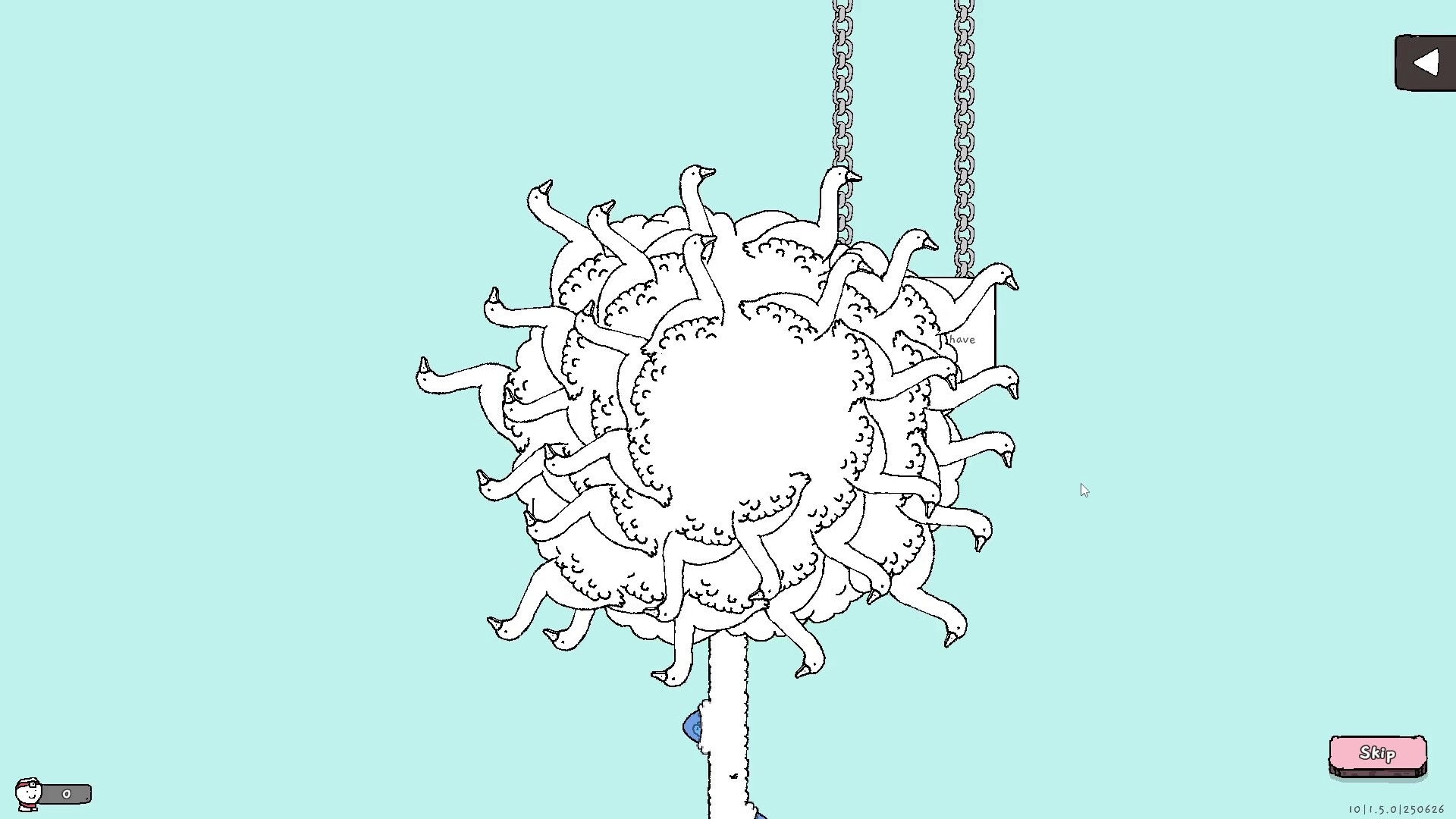 Tingus Goose: Whimsical goose-like structure suspended by chains in a minimalist sky-blue background