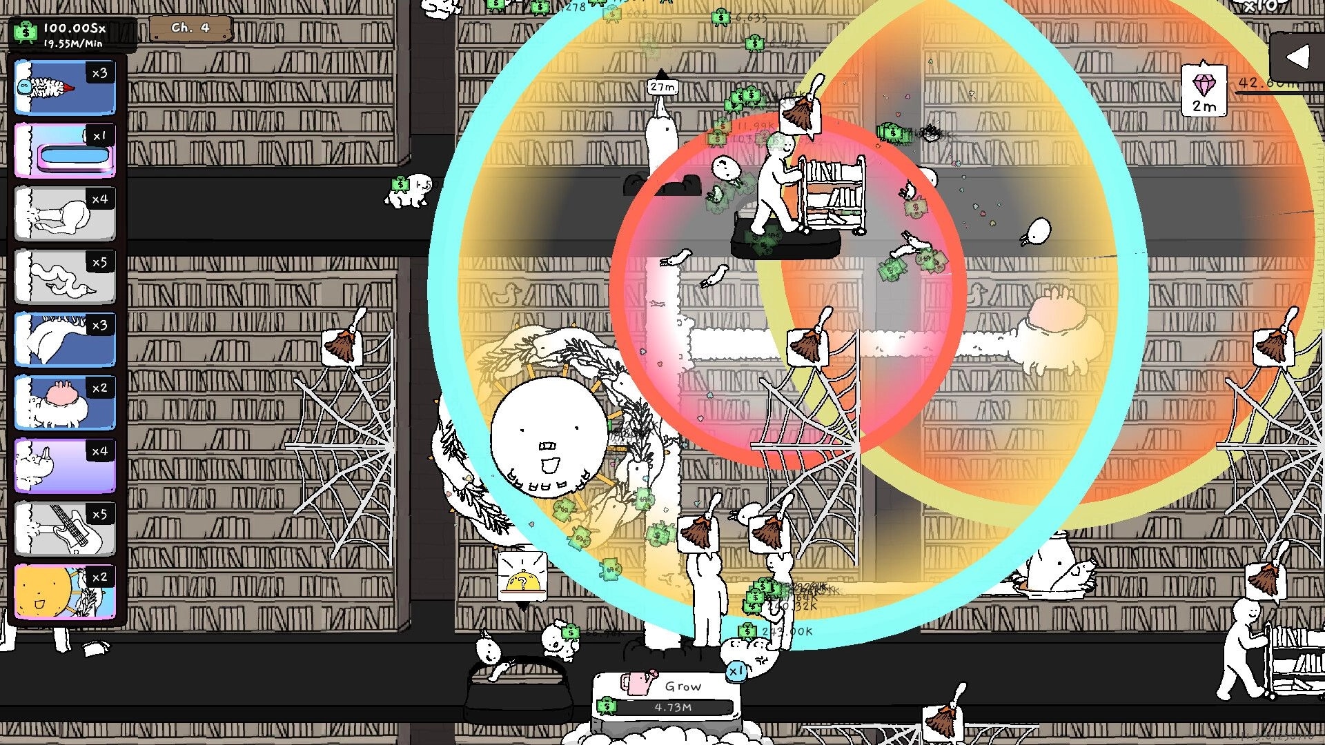 Tingus Goose: Characters planting seeds in a library with colorful circles and a side inventory menu