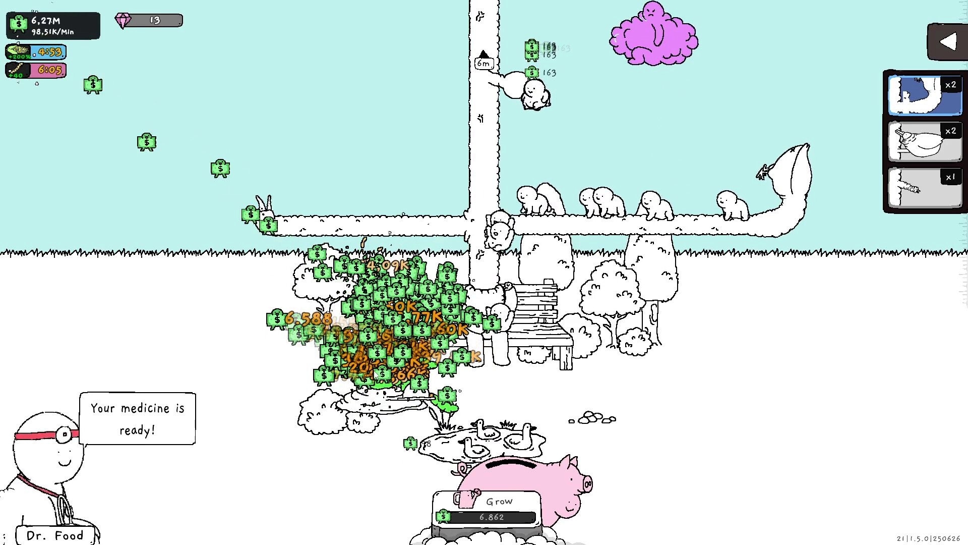 Tingus Goose: Dr. Food offers medicine while money grows on trees in a whimsical park environment.