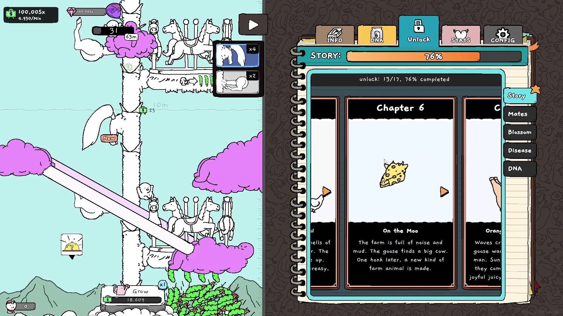 Tingus Goose: Vertical tree climbing with carousel animals, alongside a storybook menu showing Chapter 6