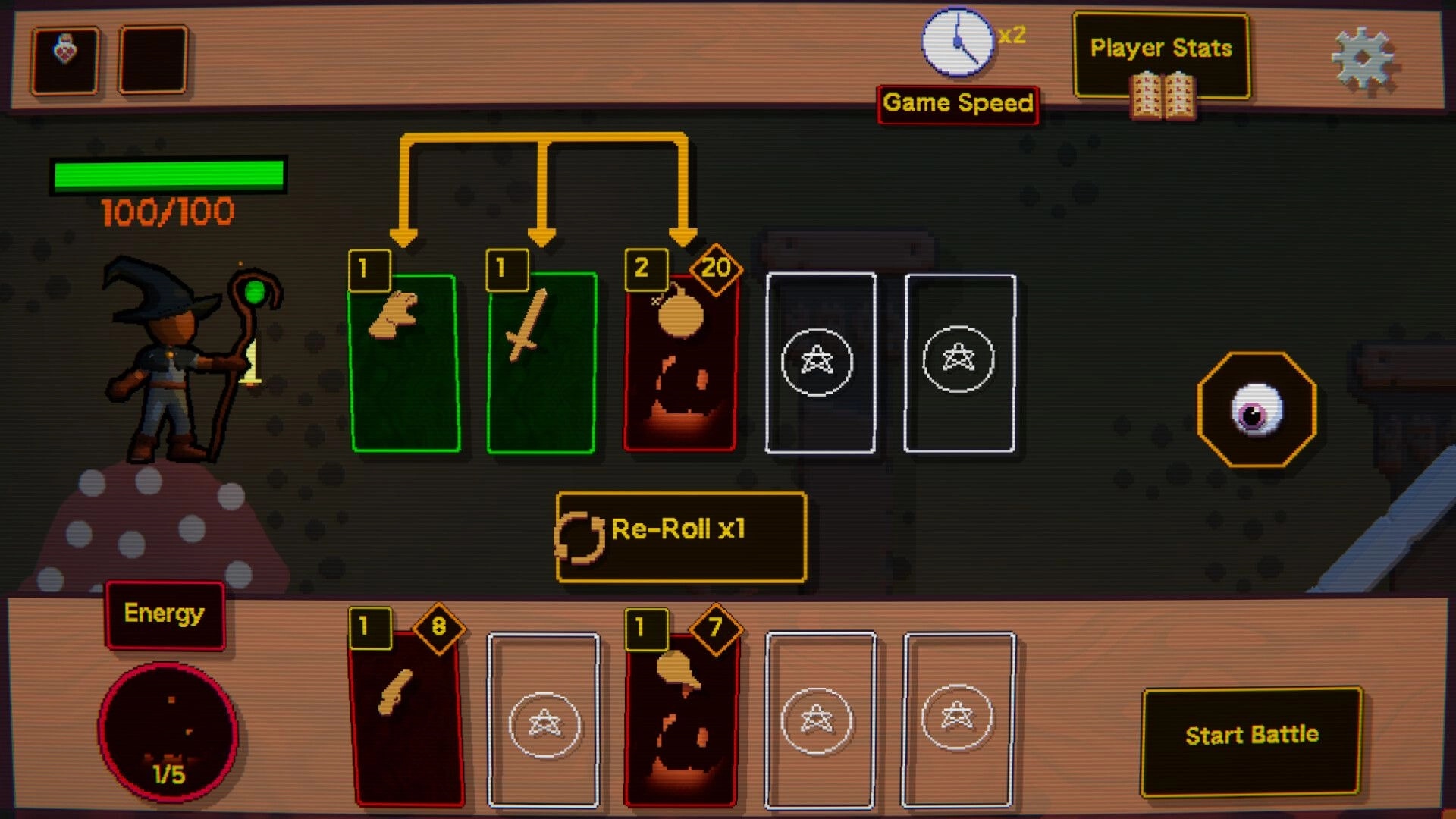 Tinker Shot: Skill crafting screen with wand hero, card upgrades, reroll, and Start Battle button.