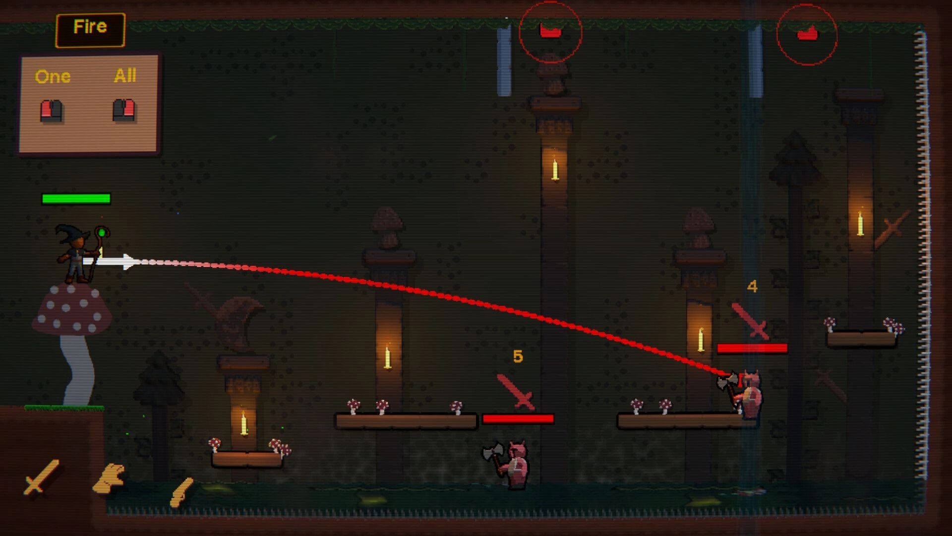 Tinker Shot: Wizard aims fire shot with arc guide at axe enemies on torchlit platform cavern stage.