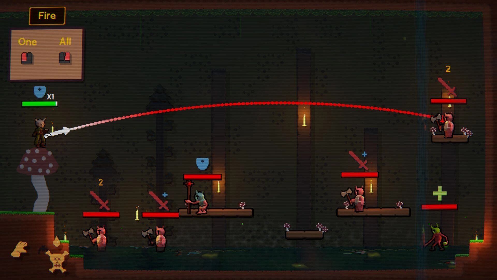 Tinker Shot: Aiming a curved fire shot at enemies on platforms in a dark cave battle screen.