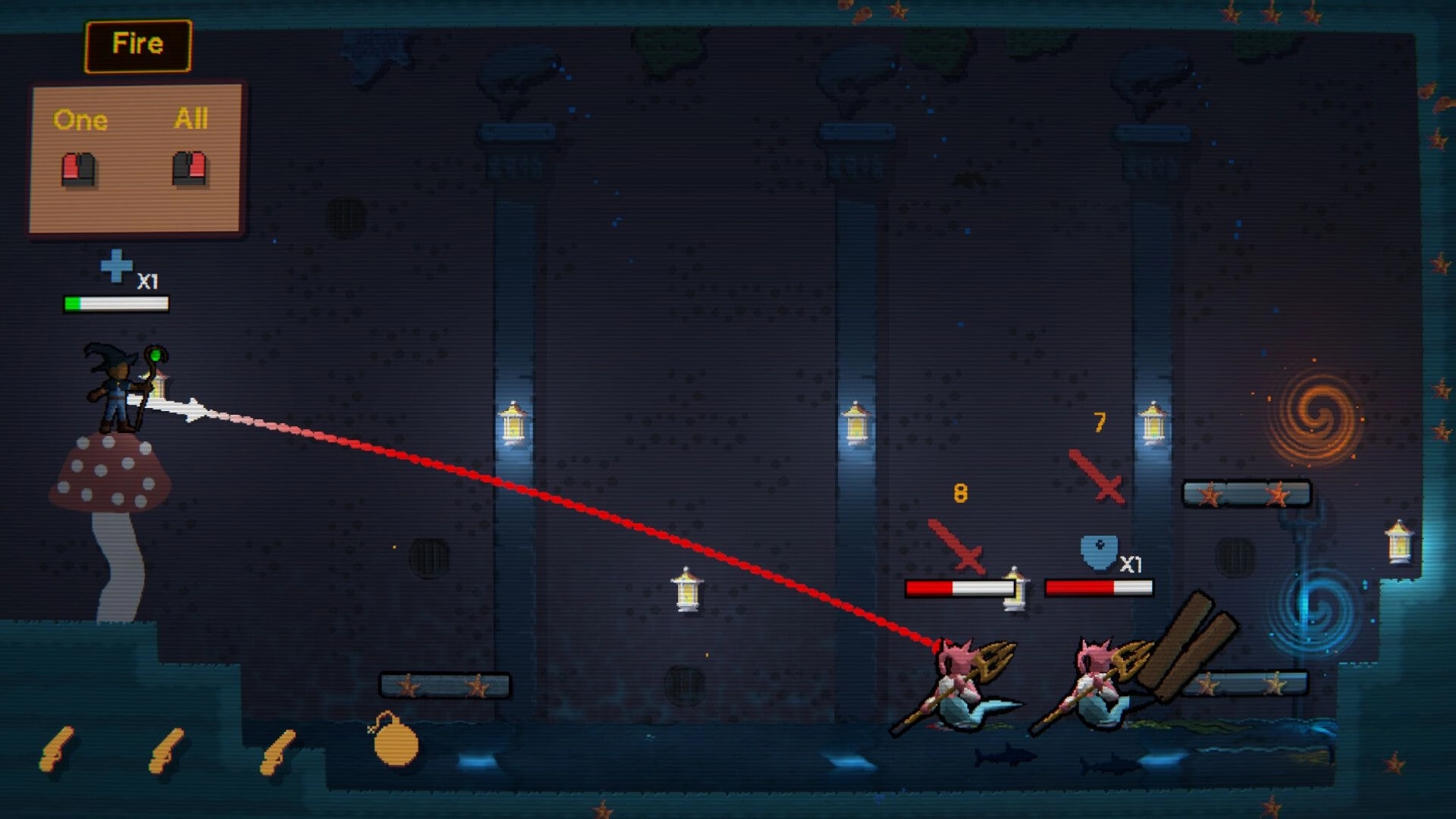 Tinker Shot: Wizard aims a shot with red arc at two bat enemies in a lantern-lit dungeon room.