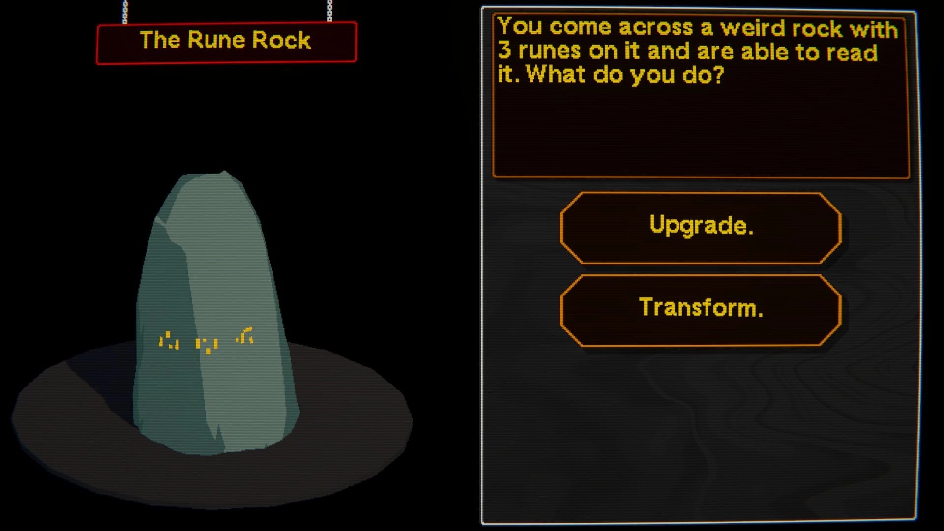 Tinker Shot: Rune Rock event menu with glowing runes and Upgrade or Transform choices on screen.