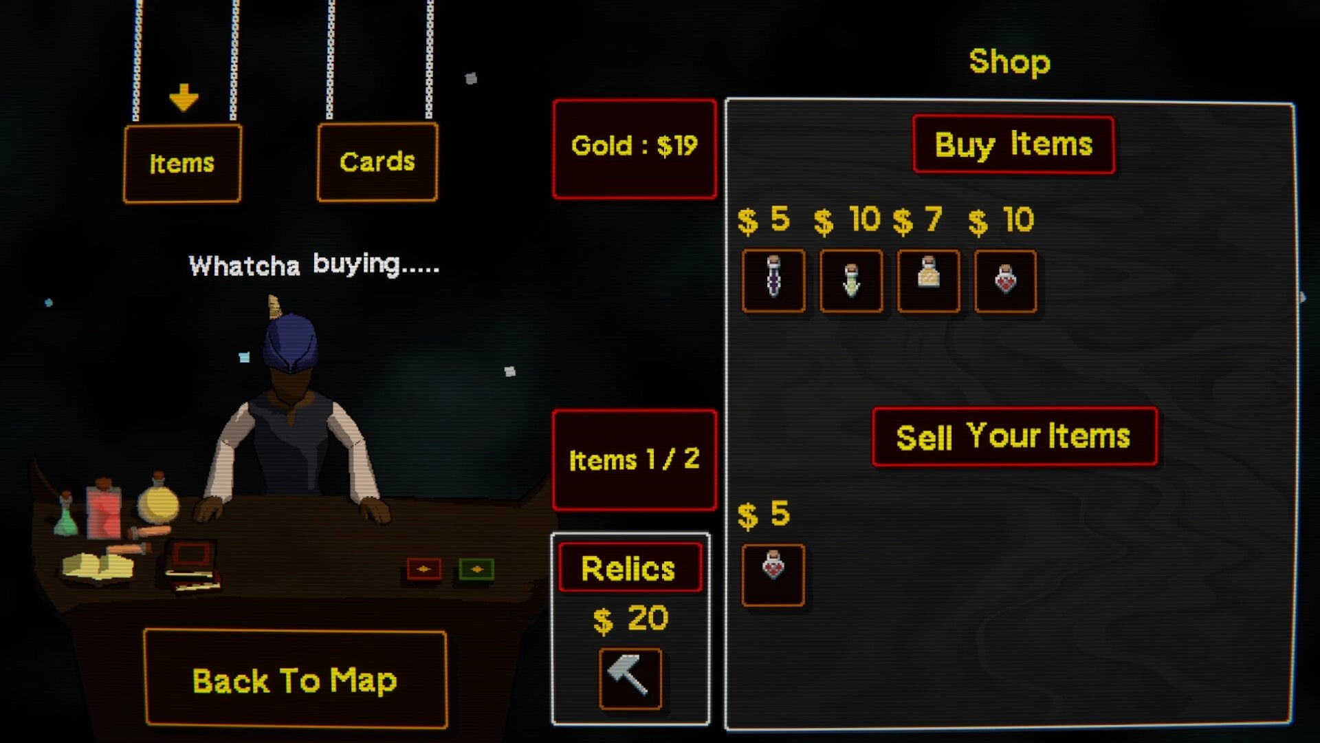 Tinker Shot: Shop menu with hooded vendor, gold $19, potion items for sale, and back to map button.