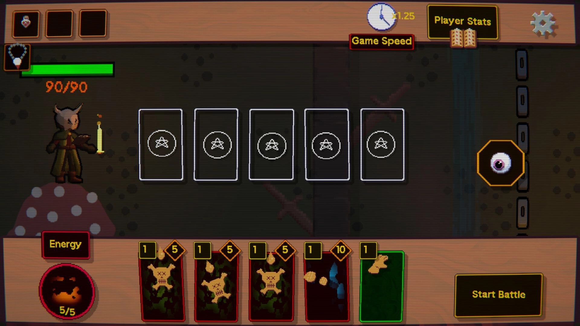 Tinker Shot: Pre-battle loadout with five card slots, energy 5/5, and Start Battle button in ruins.