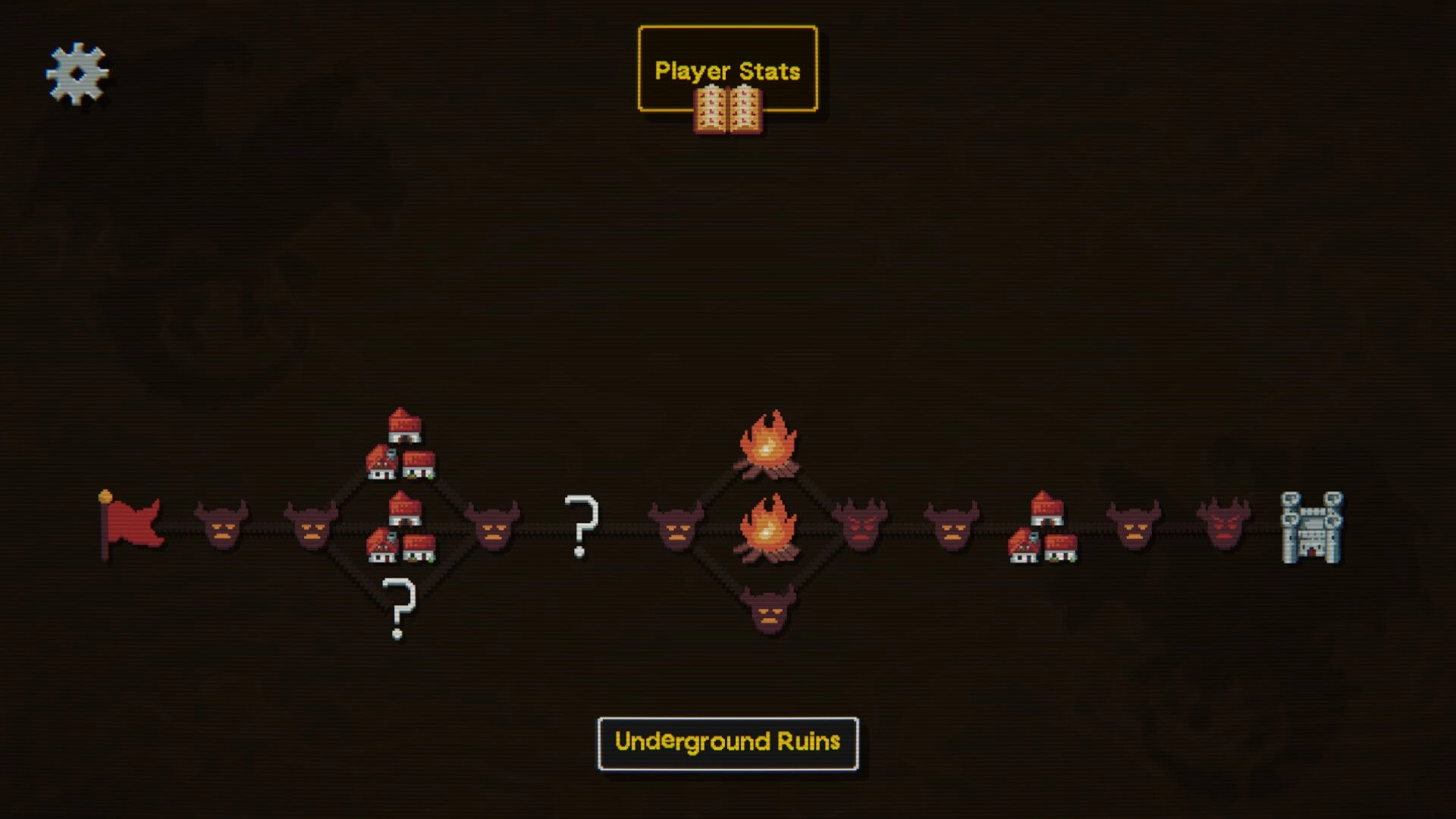 Tinker Shot: Underground Ruins path map with node icons, question marks, and Player Stats button top.