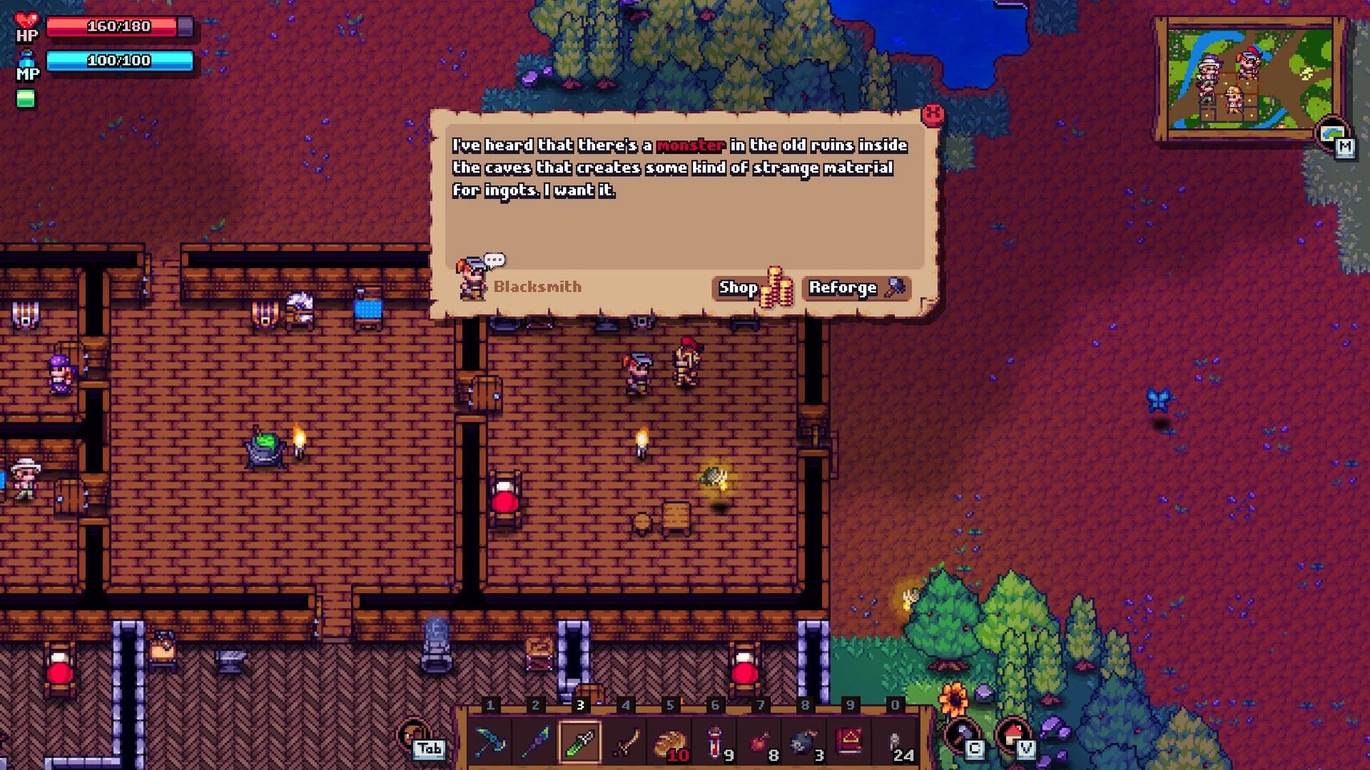 Tinkerlands: Blacksmith dialogue with crafting and health bars in a wooden settlement environment