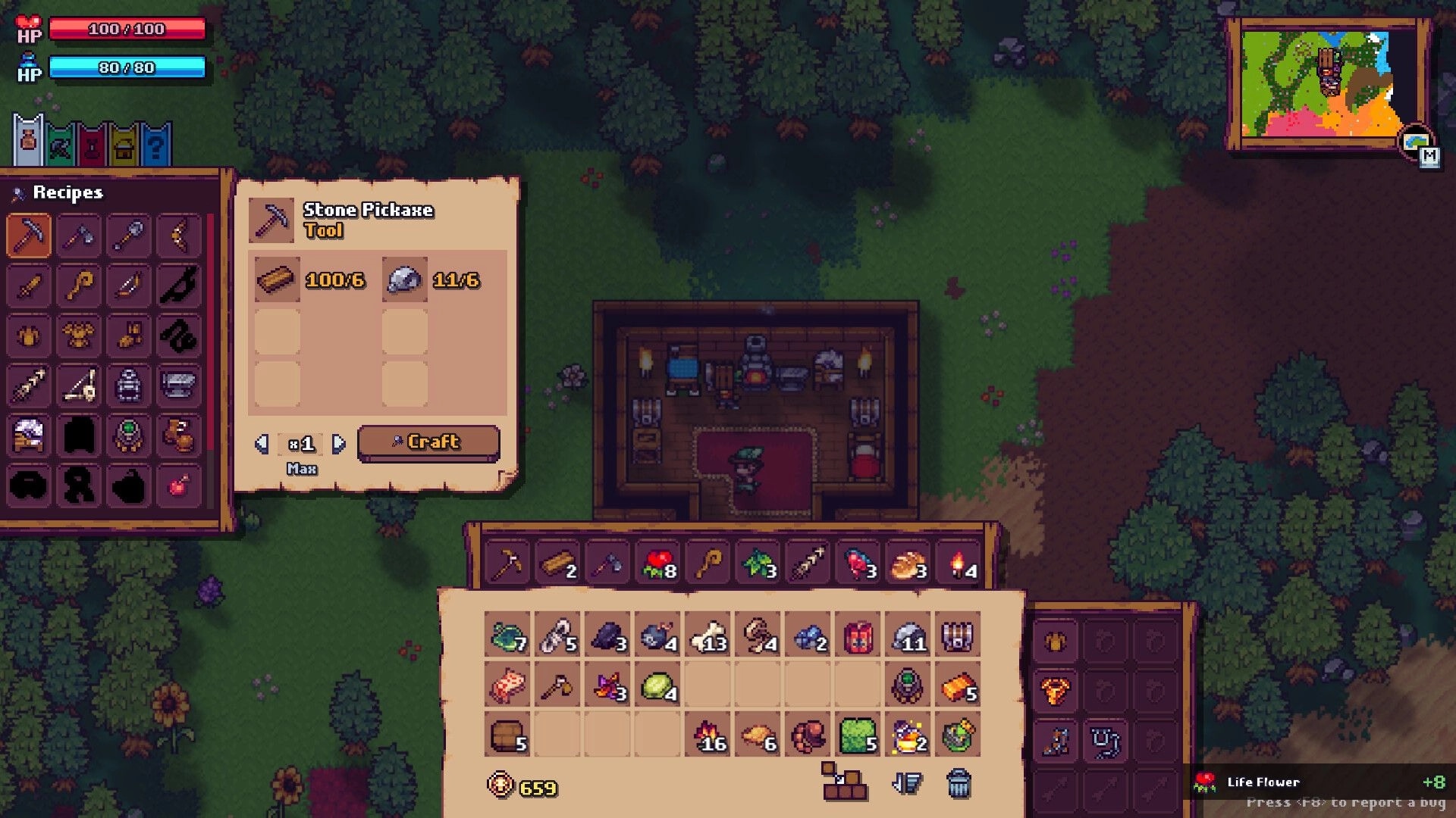 Tinkerlands: Crafting menu with stone pickaxe recipe and player inventory in a forest cabin setting