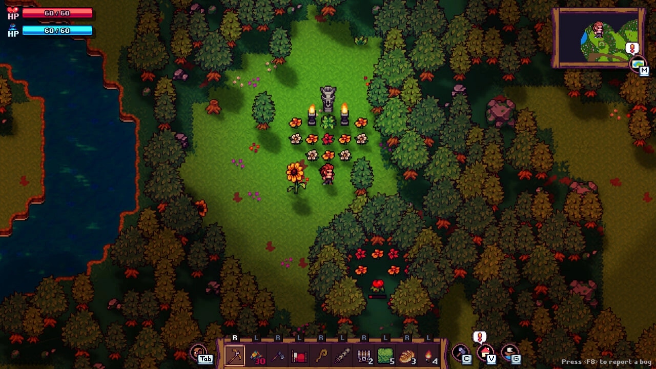 Tinkerlands: Character exploring forest clearing with flowers and statue surrounded by dense trees.