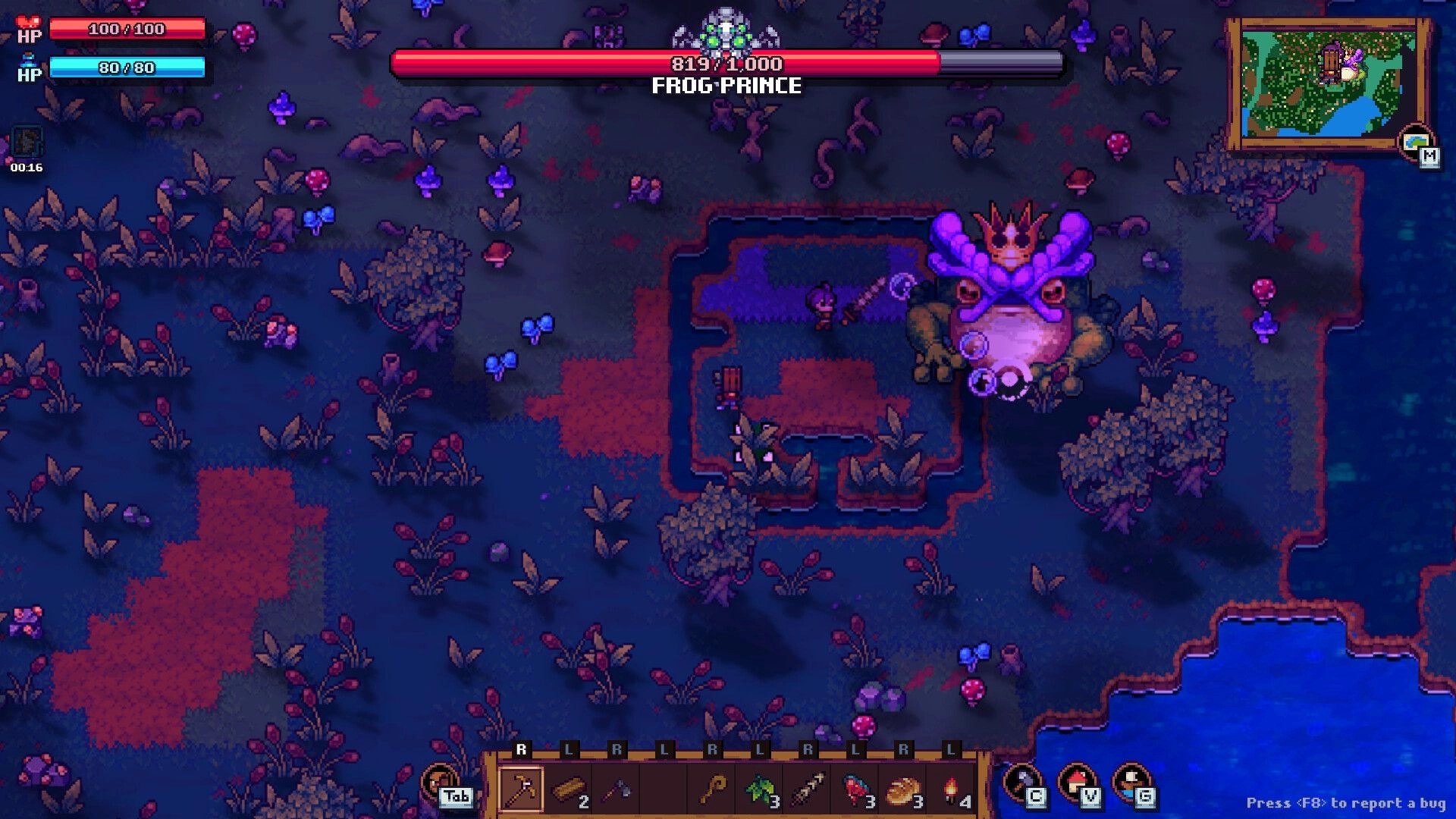 Tinkerlands: Player battles the Frog Prince boss in a lush, colorful forest setting with UI displayed.