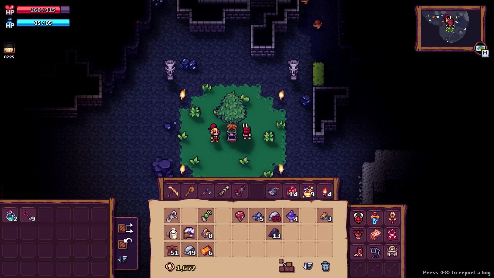 Tinkerlands: Three characters gather around a tree in a dungeon with inventory menu open at the bottom.