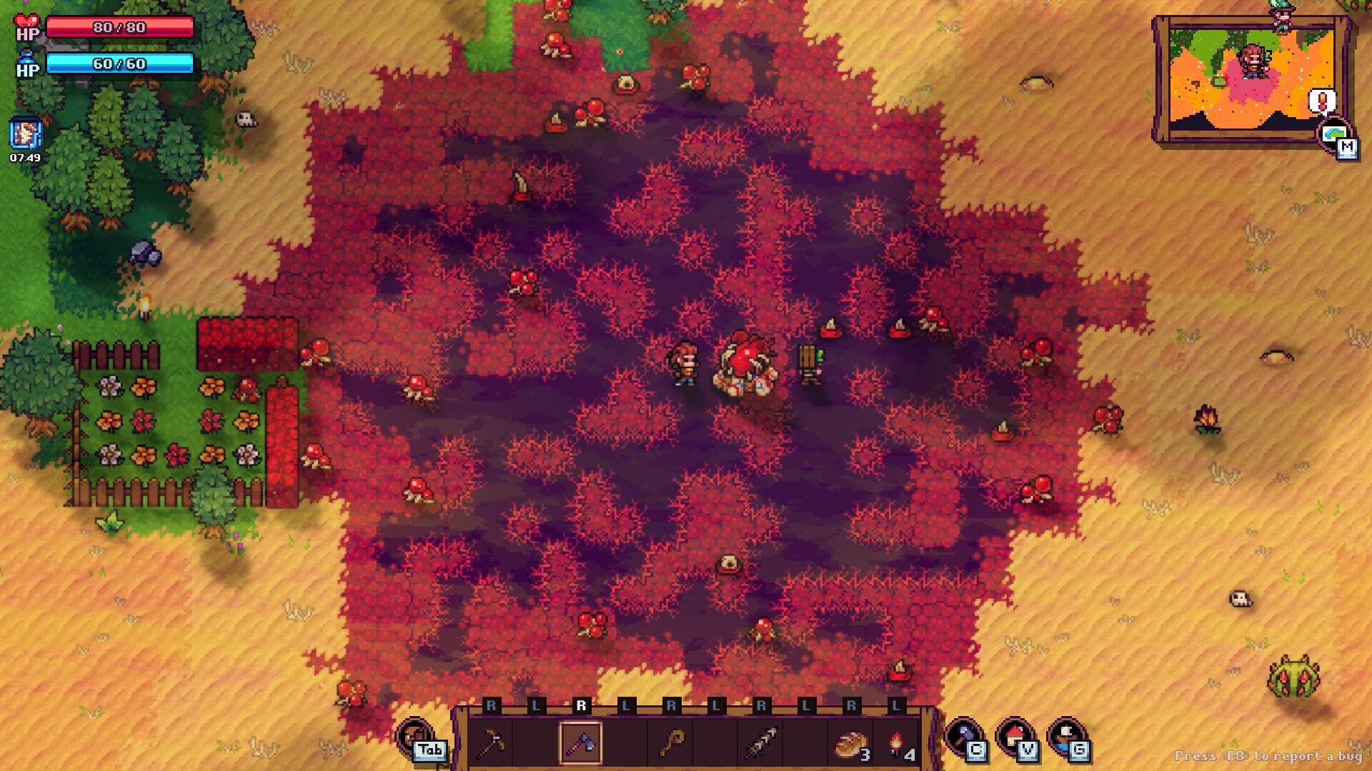 Tinkerlands: Two characters battling a large creature in a vibrant red forest with UI health bars visible