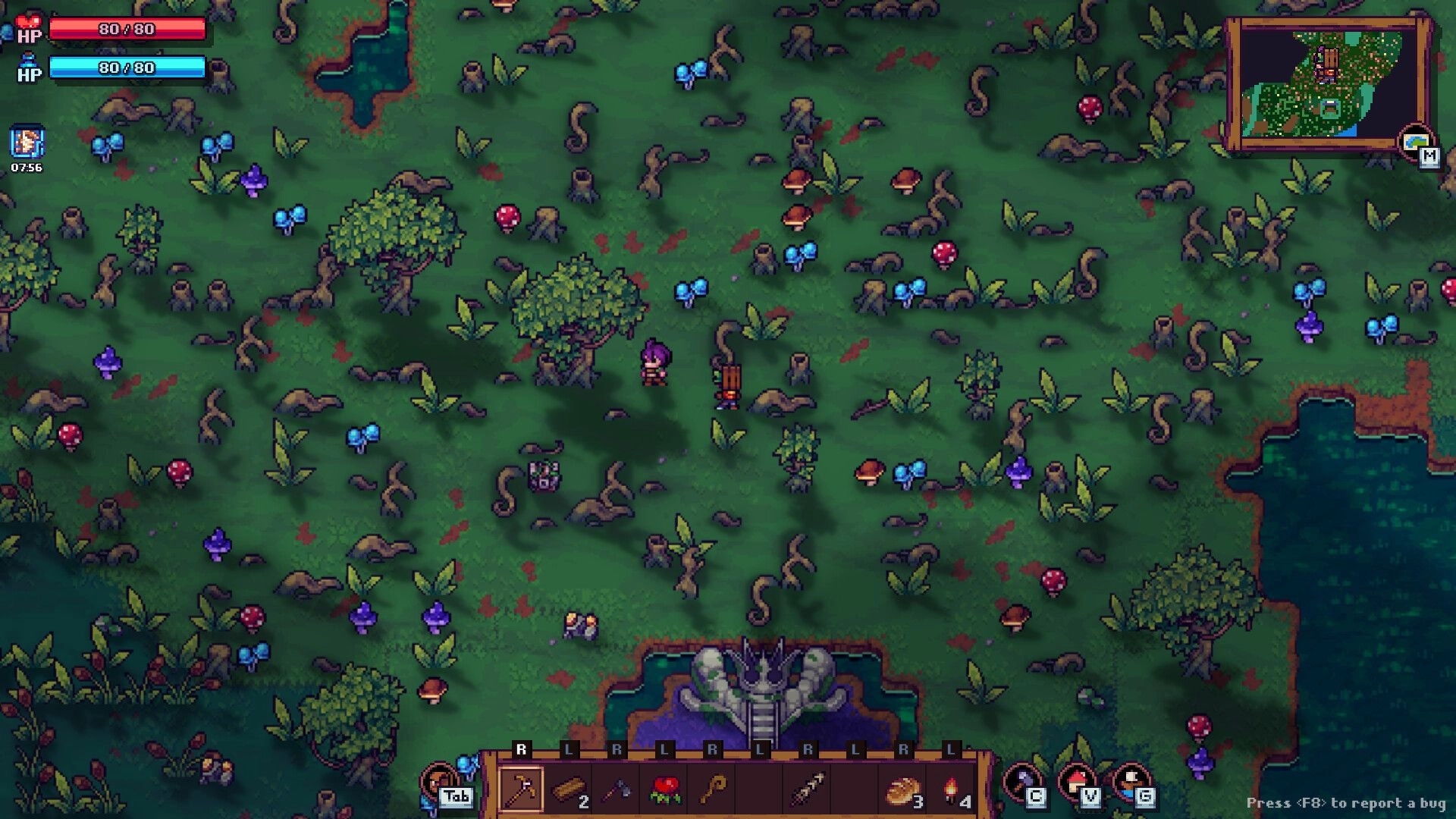 Tinkerlands: Overhead view of character exploring lush forest with inventory bar and minimap visible
