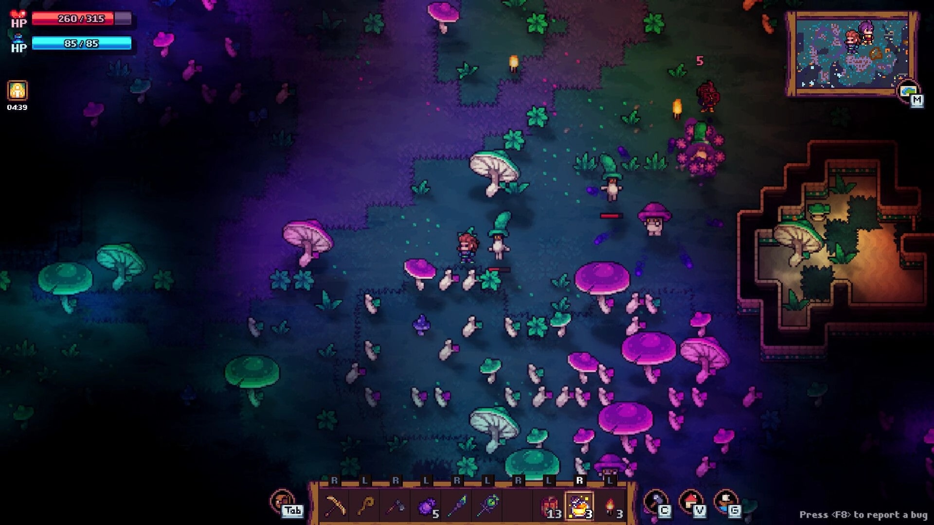 Tinkerlands: Character exploring glowing mushroom forest with health bars and minimap displayed