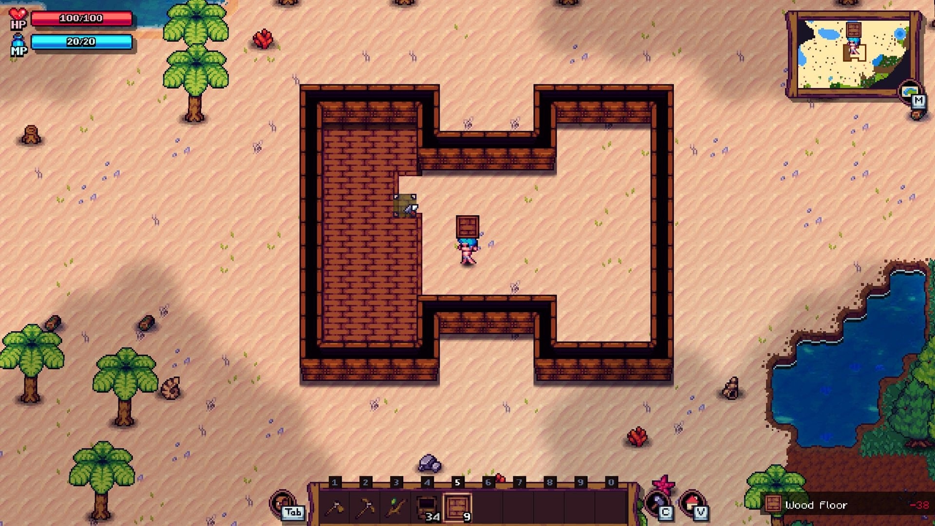 Tinkerlands: Player carrying crate inside brick structure on sandy island with trees and water nearby.