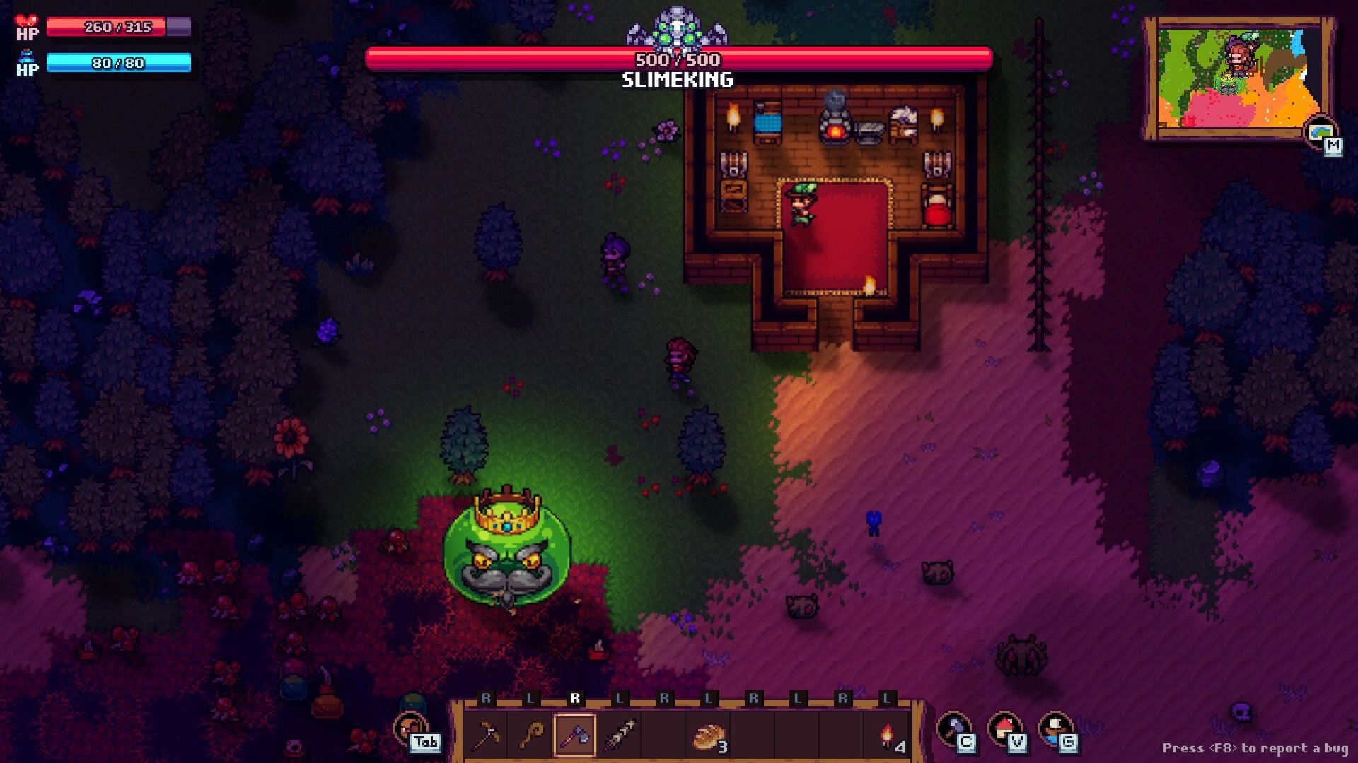 Tinkerlands: Character inside house and Slimeking boss with health bar in forest clearing setting