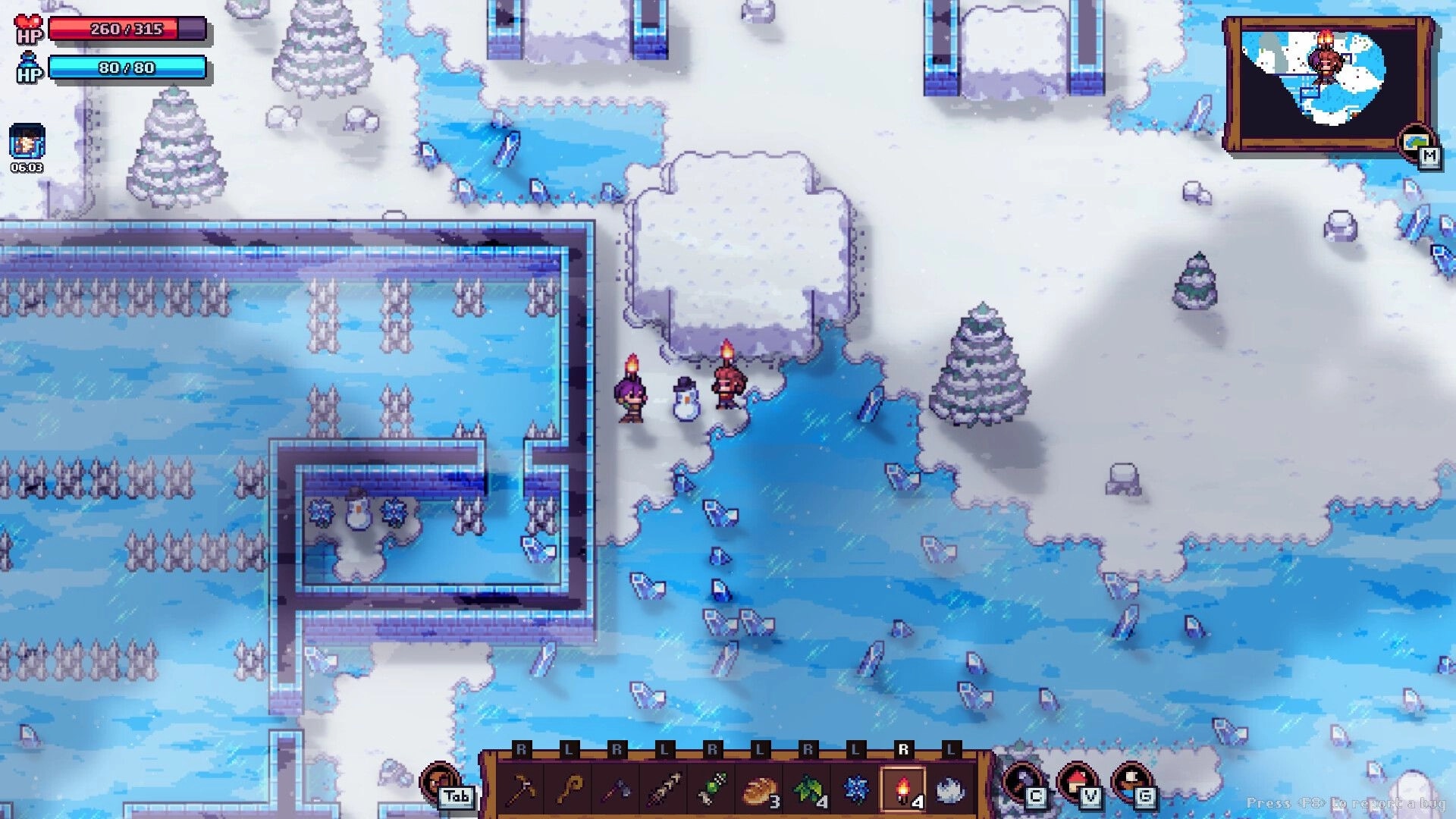 Tinkerlands: Two characters with torches explore snowy landscape, crafting menu and health bars visible