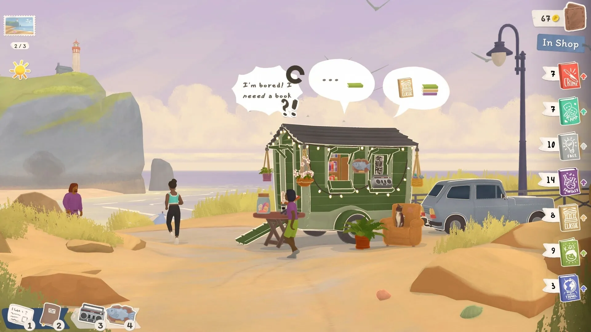 Tiny Bookshop: Customers browse seaside bookshop with colorful UI inventory and scenic lighthouse view