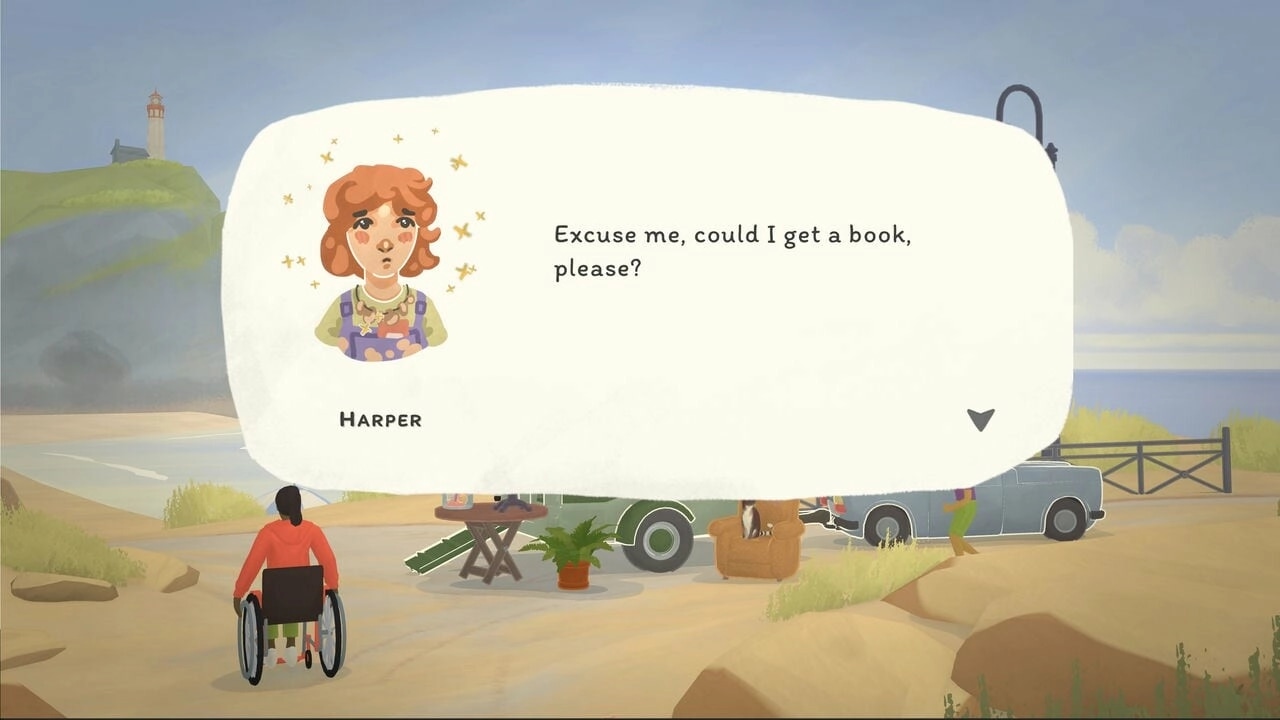 Tiny Bookshop: Harper requests a book at a seaside shop with a lighthouse in the background.