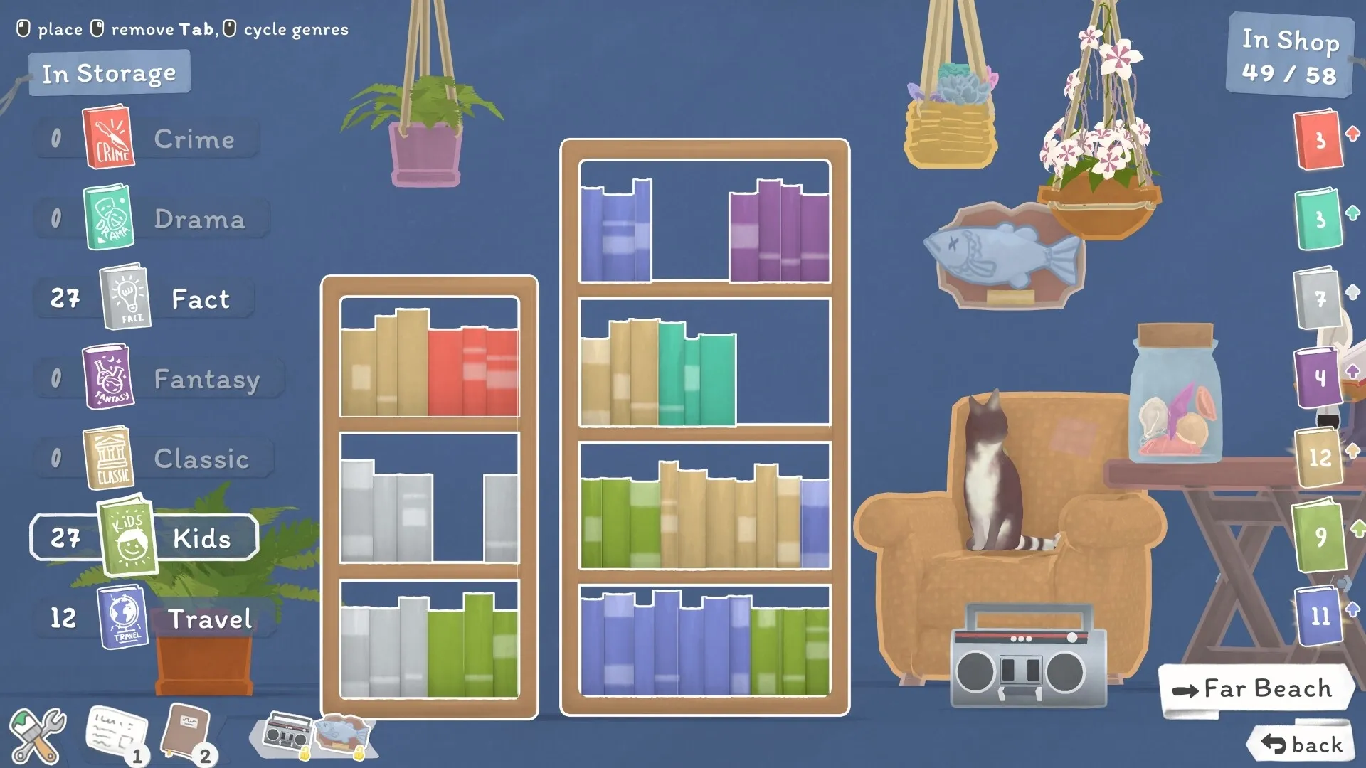 Tiny Bookshop: Bookshelf management with diverse genres, cat on chair, and decorative plants indoors.