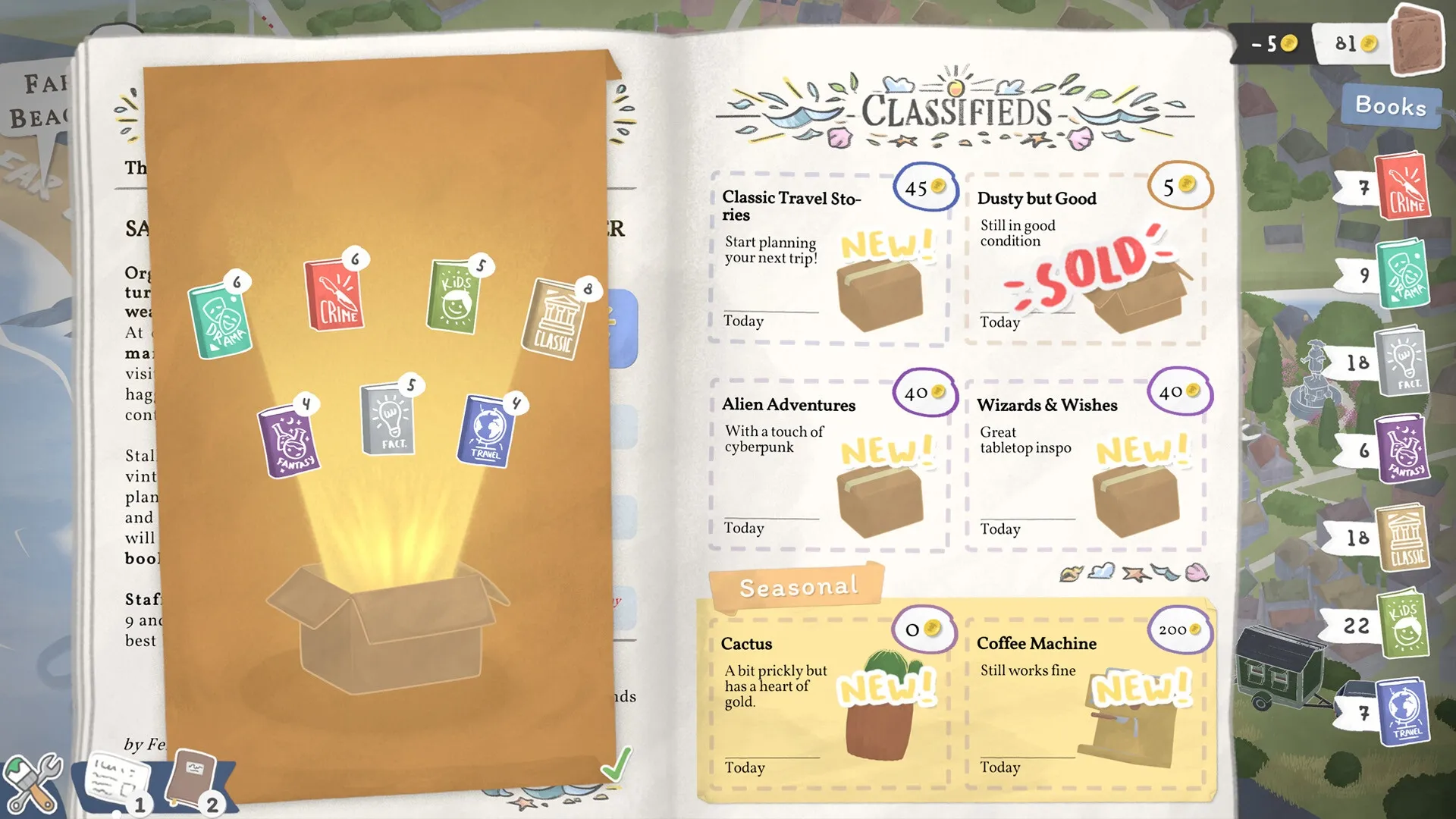 Tiny Bookshop: Inventory menu with various book genres and classified ads in a cozy seaside setting.