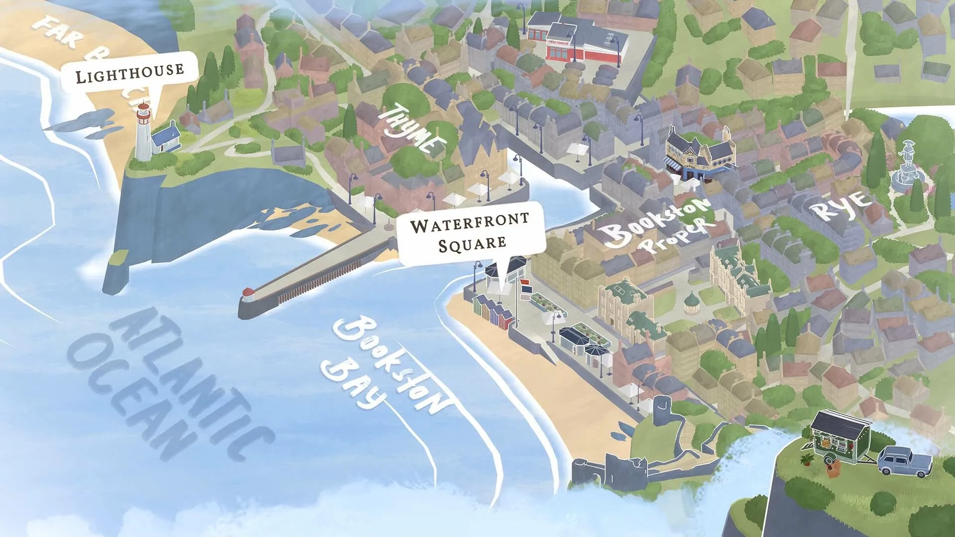 Tiny Bookshop: Illustrated map view showing locations like Lighthouse and Waterfront Square by the sea