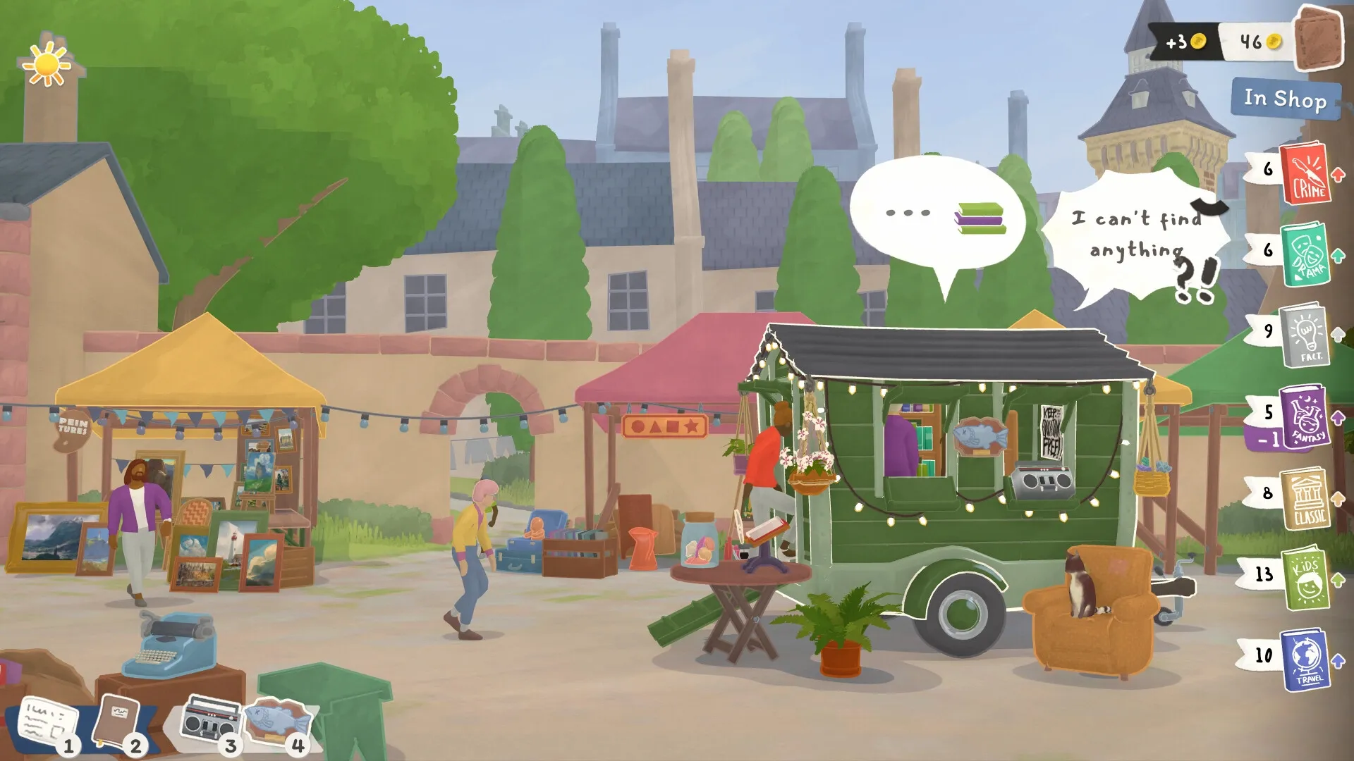 Tiny Bookshop: Mobile bookshop with string lights and customer dialogue in a quaint village market setting.
