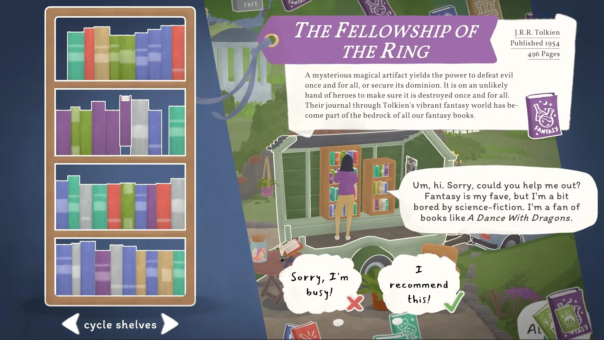 Tiny Bookshop: Player assists customer near a mobile bookshop with bookshelf cycling options visible.