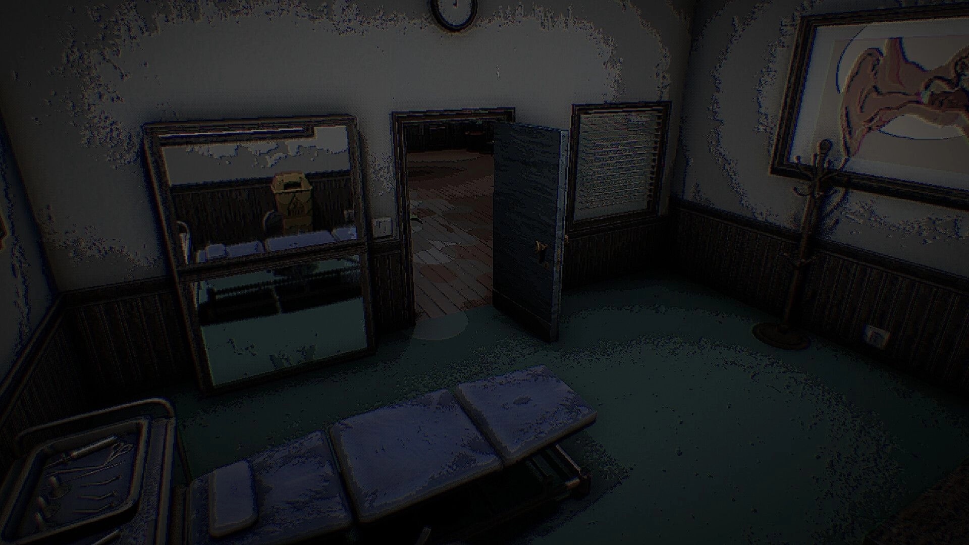 Tiny Chills: Empty exam room with chair, shelves, and open door leading to a dim hallway.