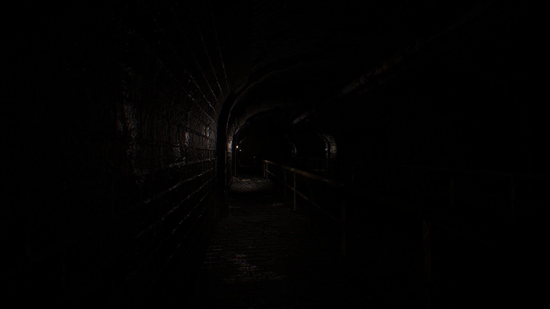 Tiny Chills: First-person view down a dark arched tunnel with wet walls and a narrow walkway railing.