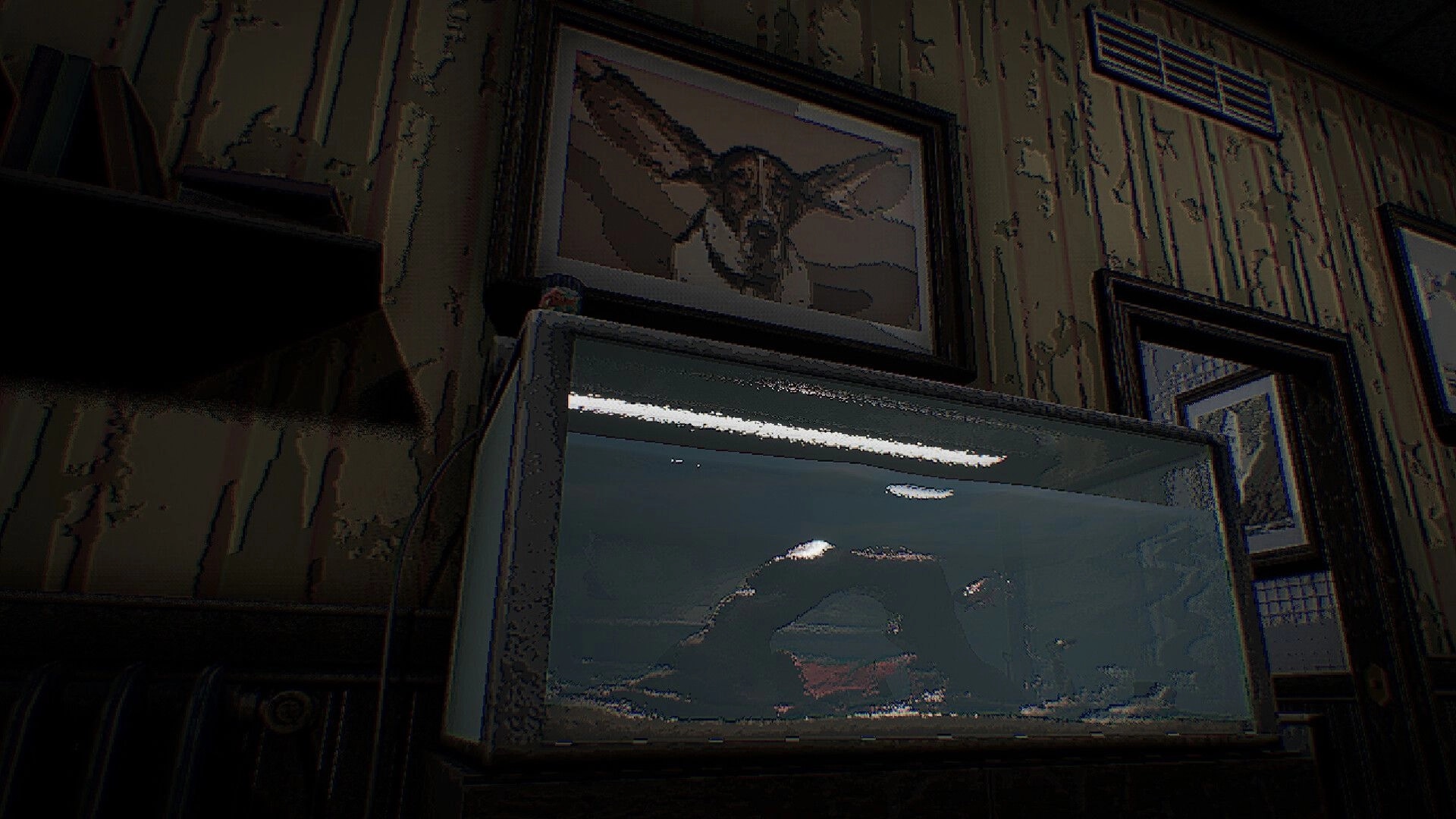 Tiny Chills: Fish tank on a desk beneath framed moth art in a dim, peeling wood-paneled room.