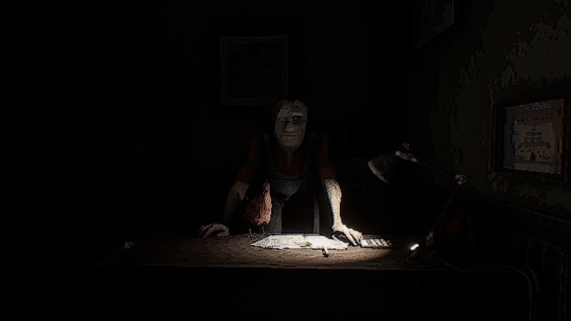 Tiny Chills: Grim client leans over a desk with ear tools and paperwork in a dim clinic room.