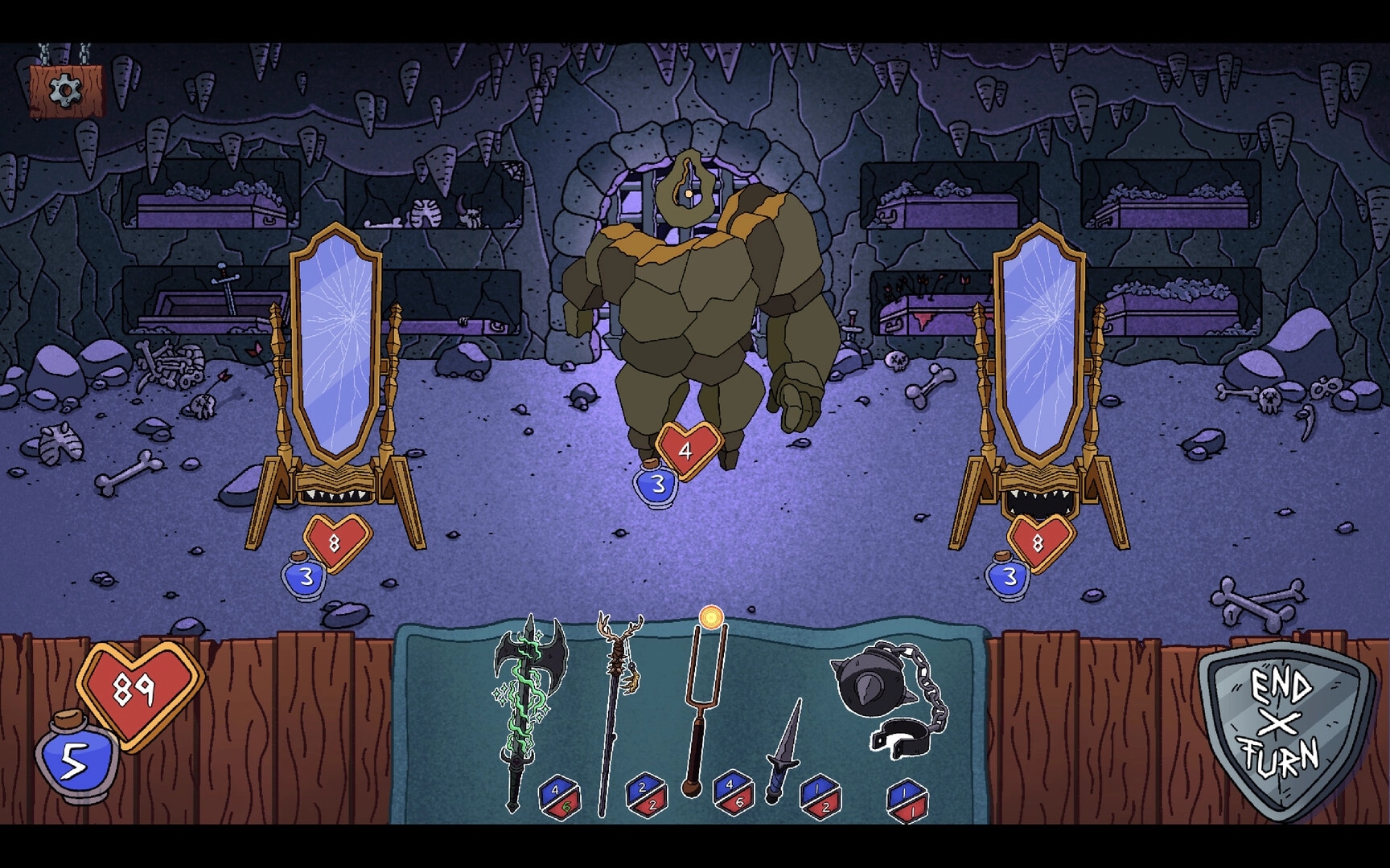 Tiny Crypts: Combat with stone golem in crypt, mirrors and inventory of weapons visible in UI