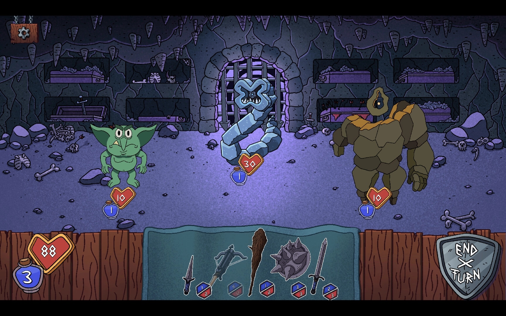 Tiny Crypts: Combat with goblin, rock monster, and worm in a dungeon setting with cards displayed
