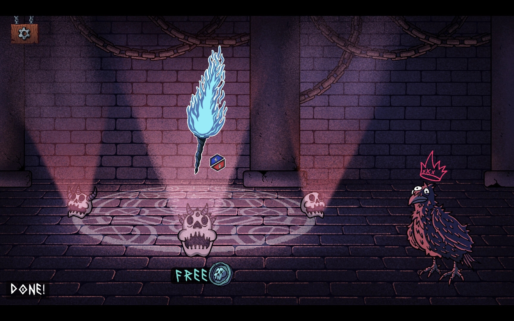 Tiny Crypts: Glowing torch and crowned bird in dungeon with skulls and chains on stone walls