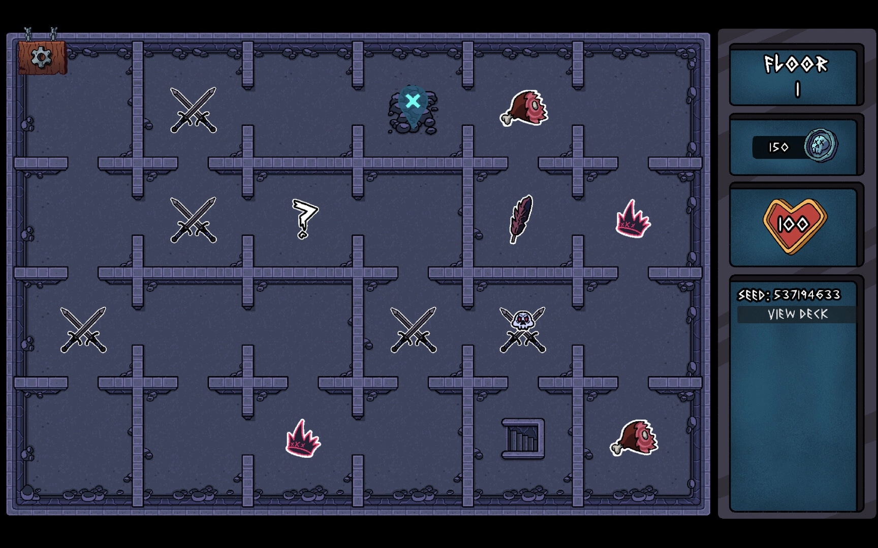 Tiny Crypts: Dungeon map with various icons and a side panel showing floor, currency, and health stats