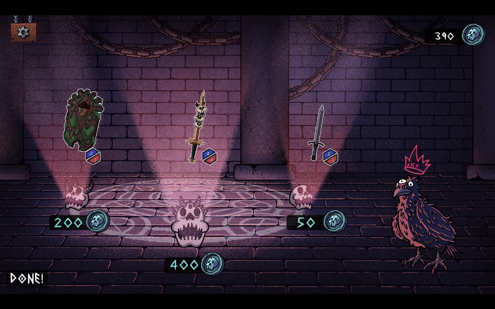 Tiny Crypts: Selection of three weapons in dungeon shop with eerie lighting and a crowned creature nearby