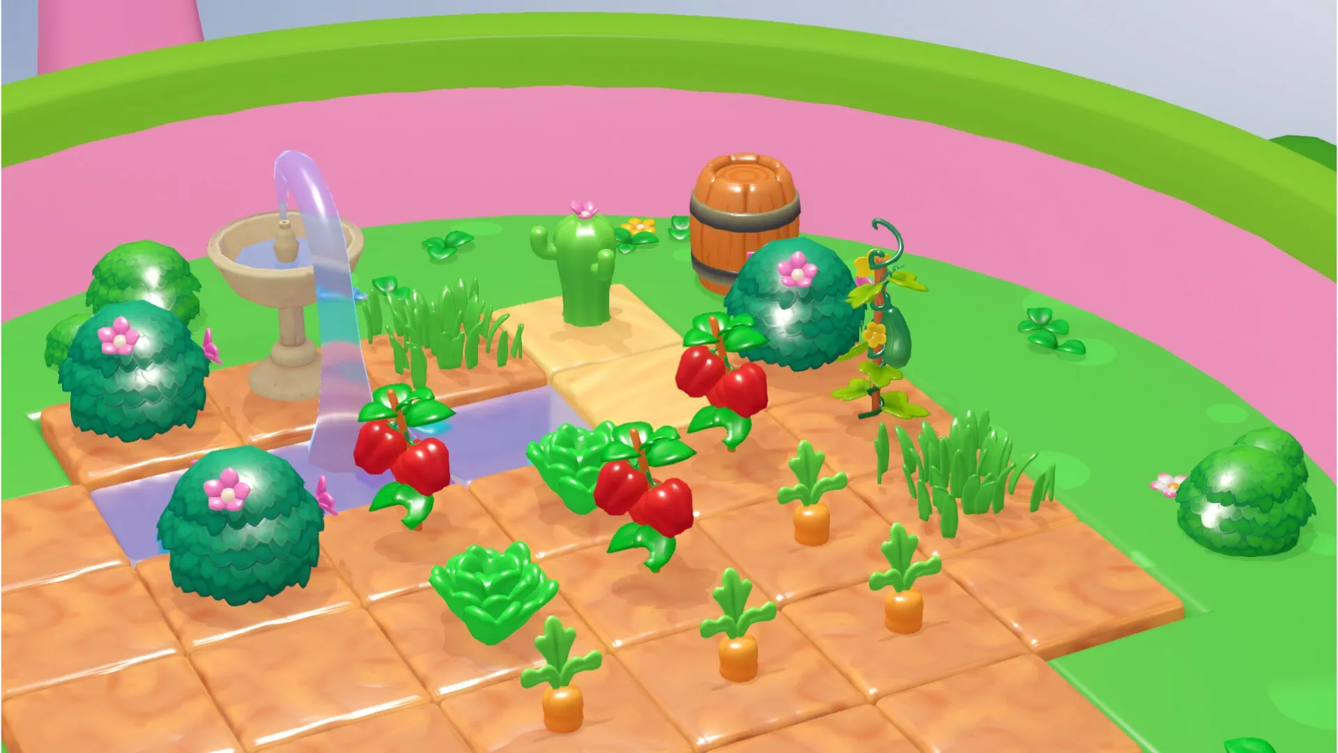 Tiny Garden: Vibrant garden with ripe tomatoes, carrots, and a flowing fountain on tiled ground.