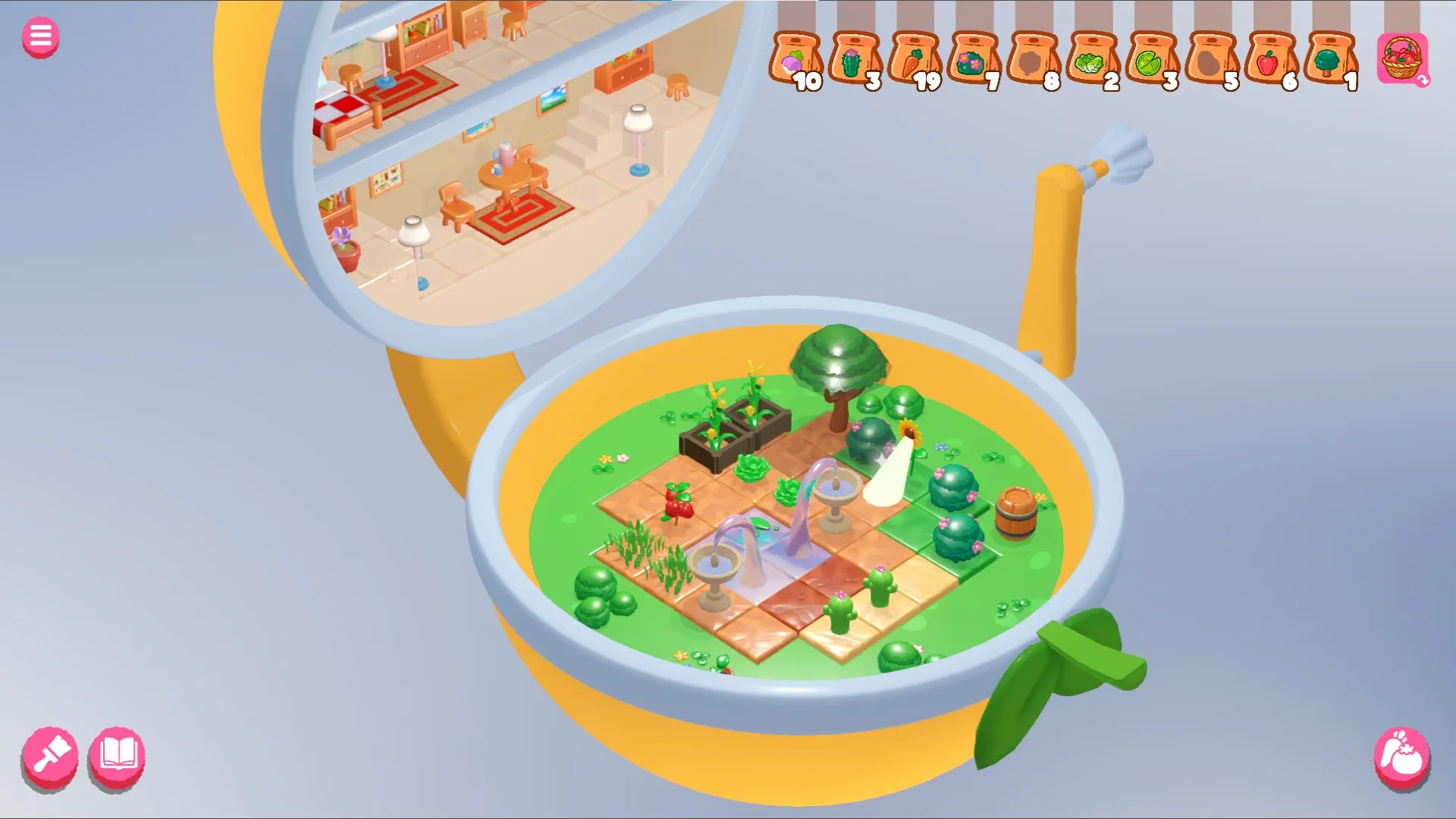 Tiny Garden: Miniature garden with tiles, plants, and trees inside a magical toy environment