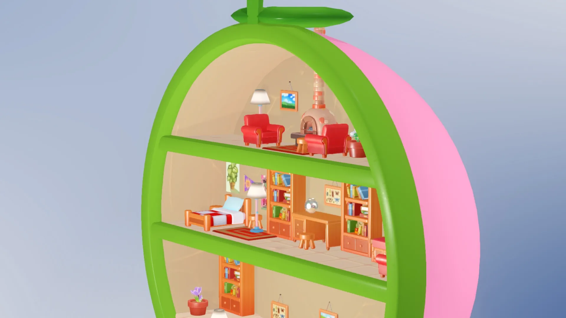 Tiny Garden: Dollhouse-style view of a cozy, multi-level interior with furniture and decorative items