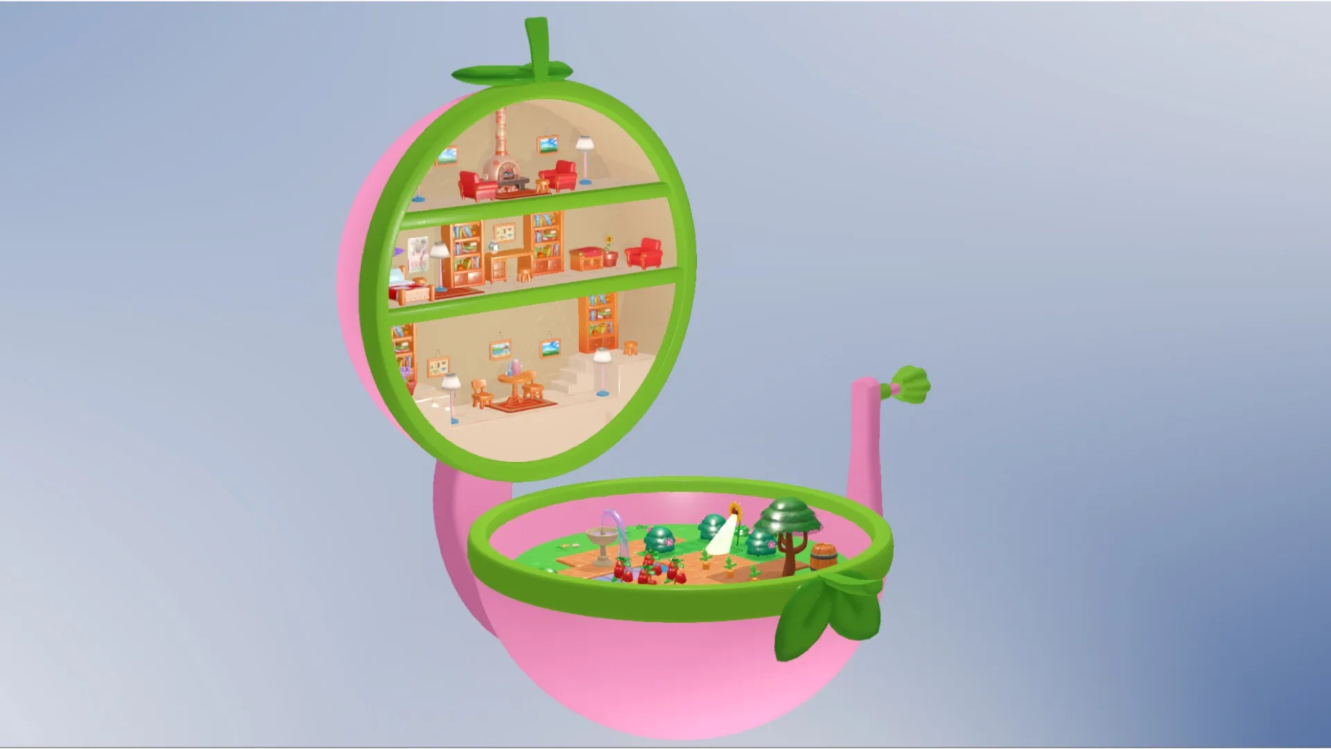 Tiny Garden: Open toy showing tiered rooms above a vibrant, miniature garden with plants and trees